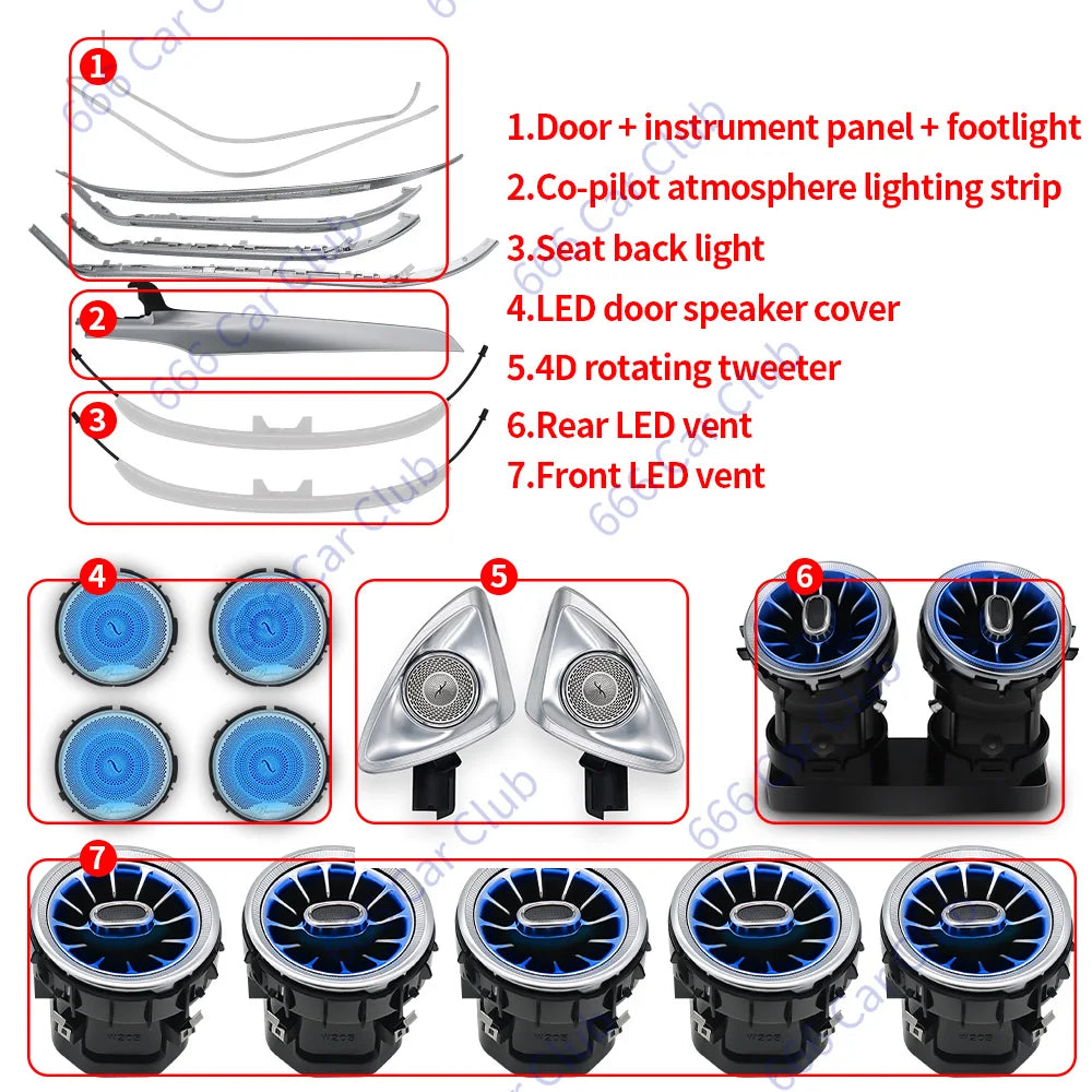 3/12/64 Colour Car LED Ambient Light For Mercedes-Benz C GLC Class Coupe W205 C43 C63 X253 LED Air Vent Speaker Decorative Lamp