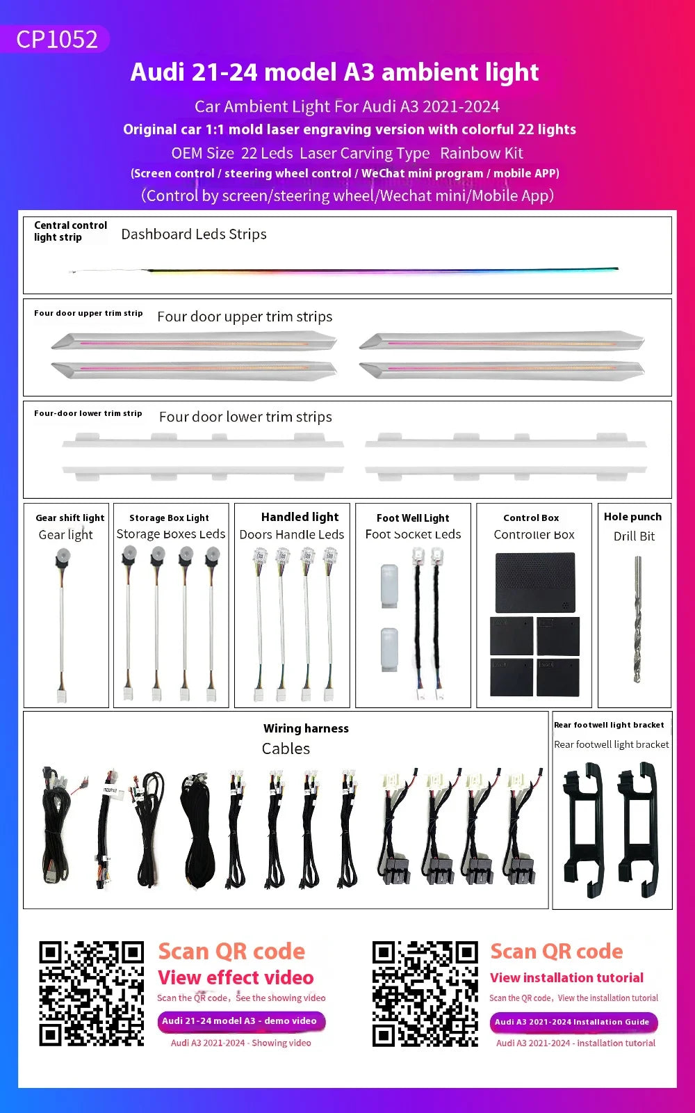 Screen APP Control LED Atmosphere Lamp Decorative Centre Console Strip Ambient Light For Audi A3 2021-2024 Saddle Panel Lamp