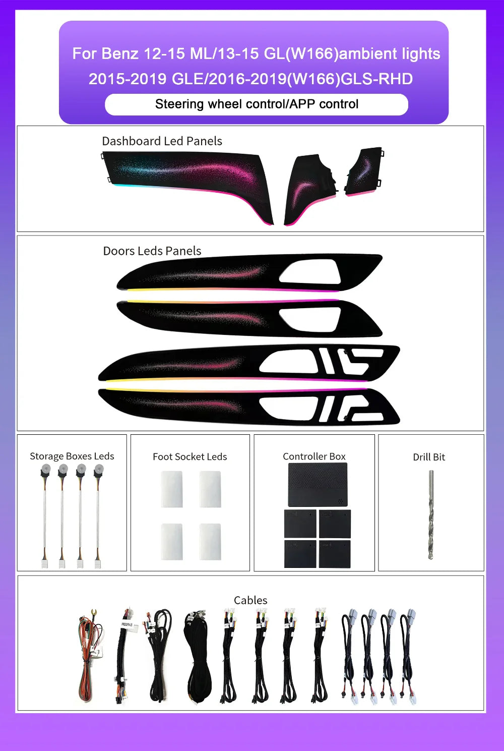 RHD Car Interior LED Lighting For Mercedes-Benz X166 RHD ML/GL/GLE/GLS 2012-2019 Models 64-color Symphony Ambient Lighting Kit