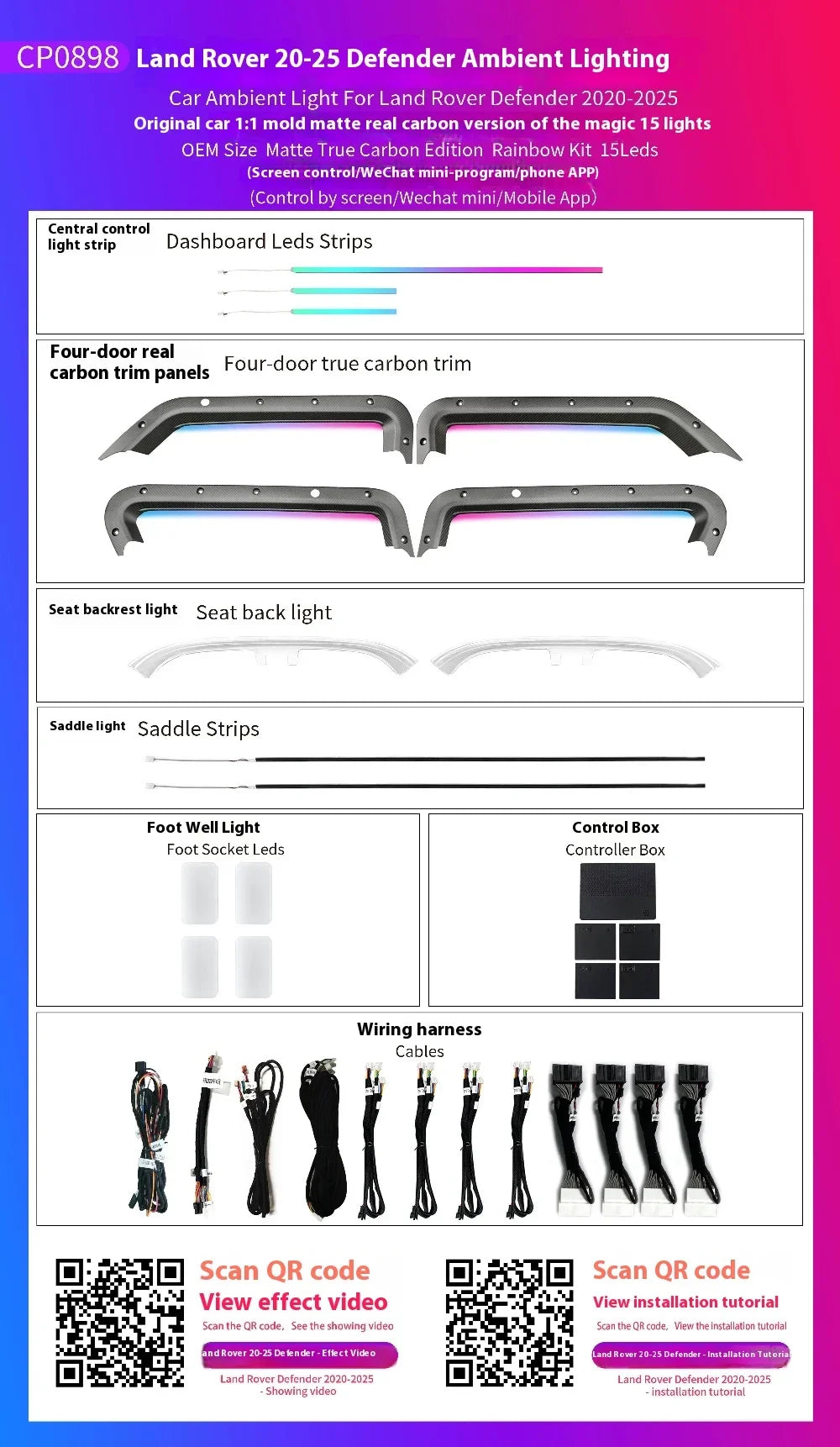 Carbon Fiber Ambient Lighting Kit for Land Rover Defender Station Wagon L663 2020-2025 Model Auto Interior LED Light Kit
