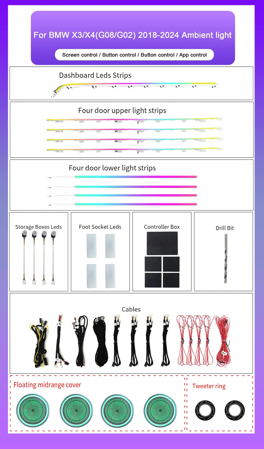 Upgrade 64 Color Ambient Lighting for BMW 2018-2024 X3/X4 Interior LED G08 G02 Symphony Rainbow Light Kit Car