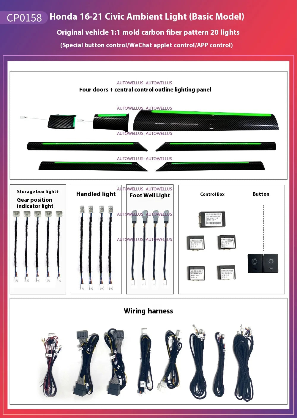 LED Car Inner Ambient light for Honda Civic 2016-2021 OEM Design Dynamic Ambient Lamp Original Car 1:1 Mold Kit APP Control