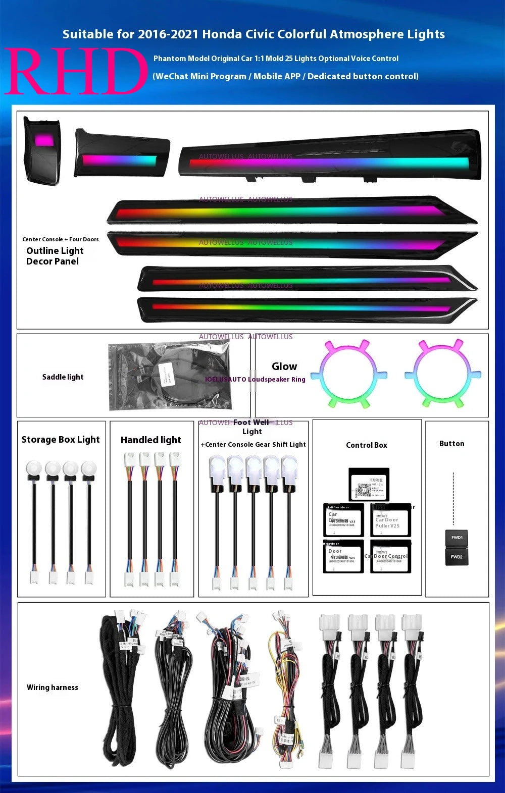 LED Car Inner Ambient light for Honda Civic 2016-2021 OEM Design Dynamic Ambient Lamp Original Car 1:1 Mold Kit APP Control