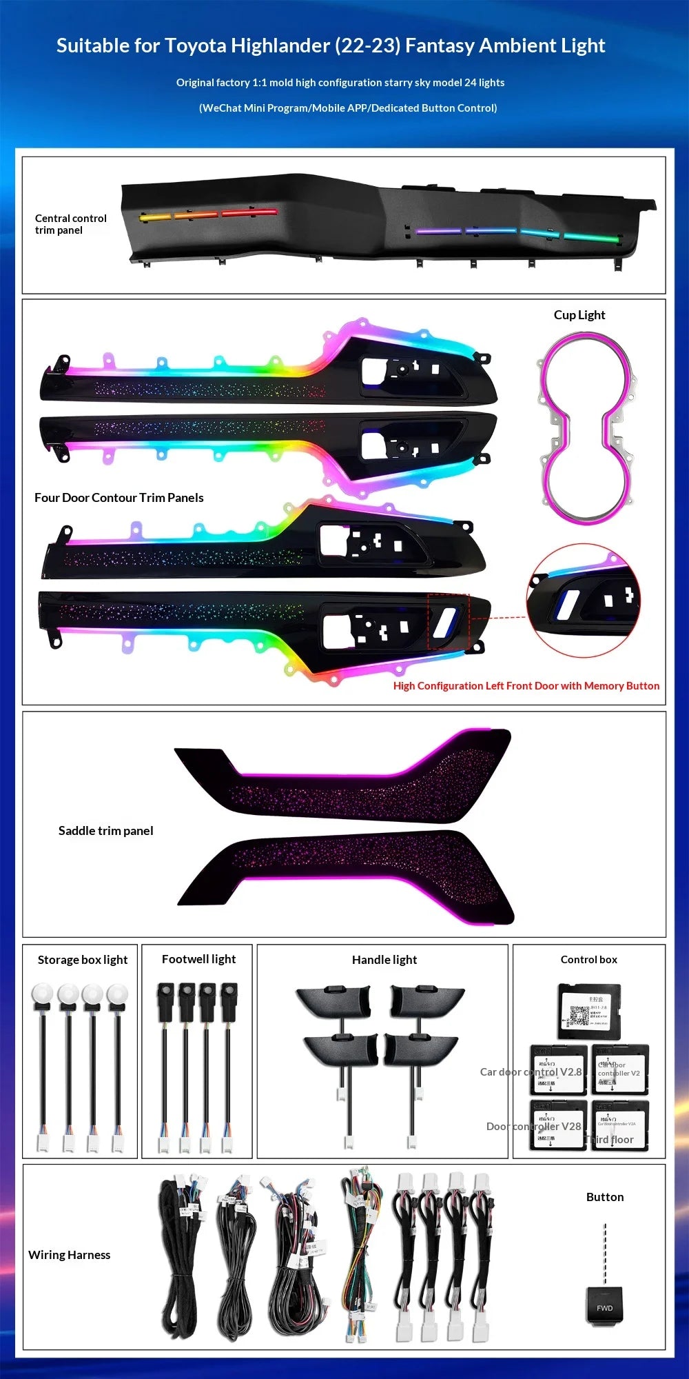 Car Interior LED Accessories For Toyota Highlander/Kluger XU70 2022-2024 64-color Starry Sky Saddle Symphony Ambient Light