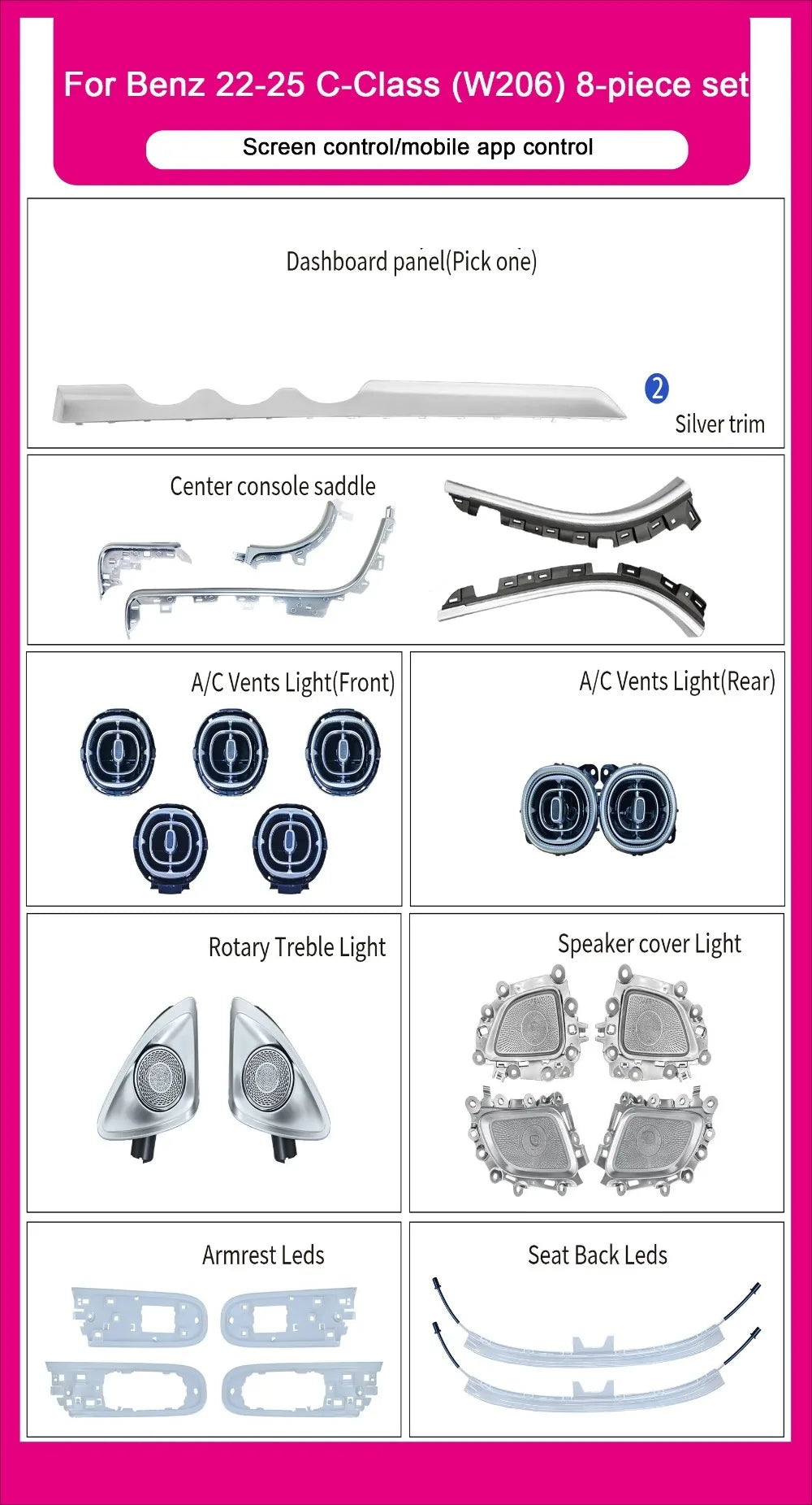 64 Color Dynamic Car Ambient Light for Mercedes-Benz C-Class W206 Turbo Vent Door Speaker Accessories Interior Decoration