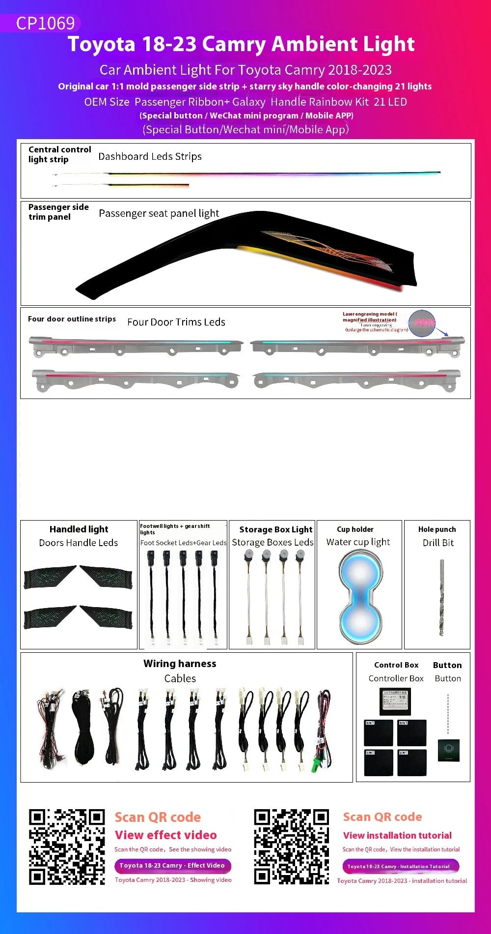 LED Car Inner Ambient light For Toyota Camry 2018-2023  Dynamic Ambient Lamp Original Car 1:1 Mold Kit Button APP Control