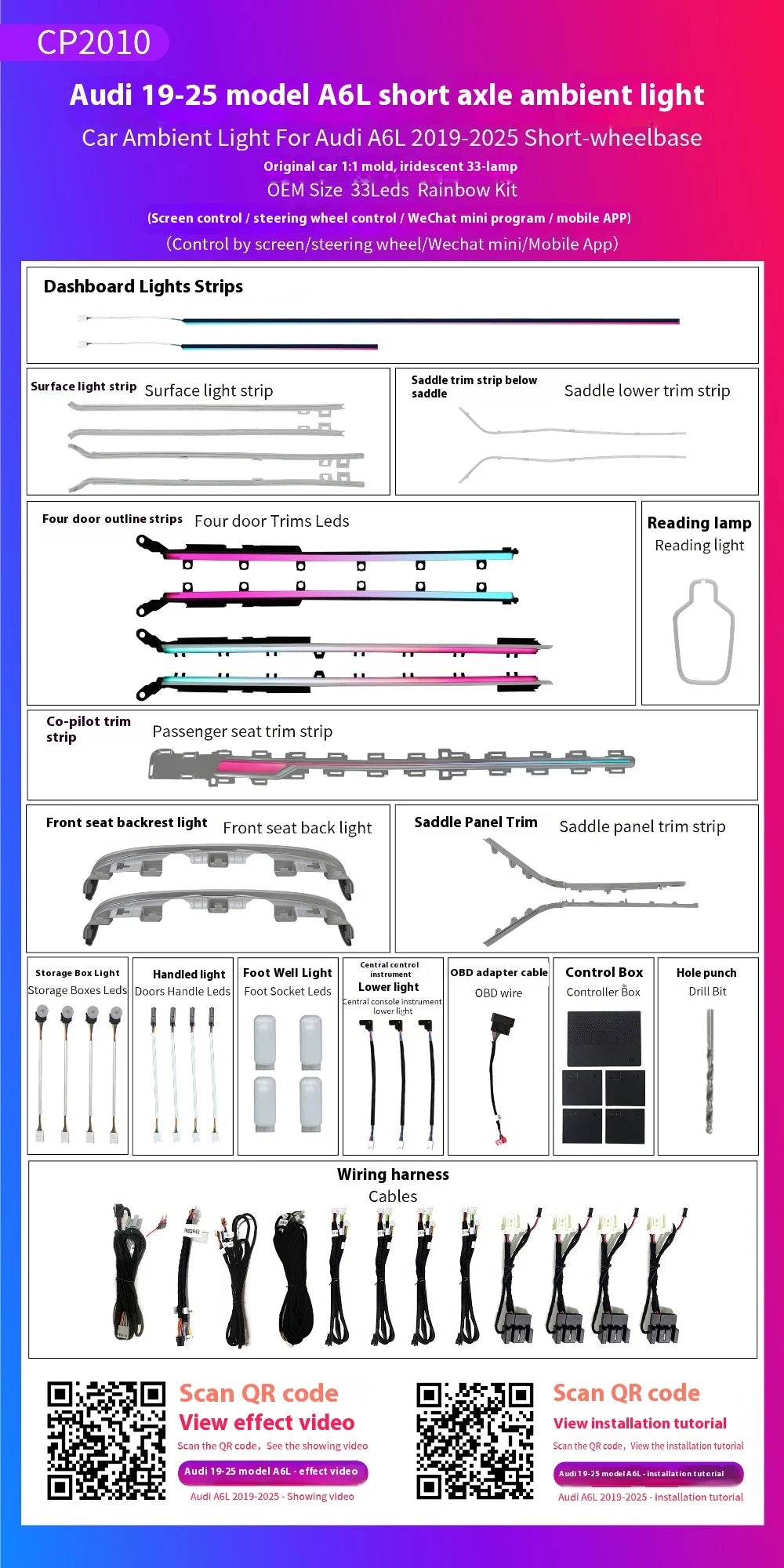 LED Ambient Light for Audi A6 A7 C8 2019-2025 Short-wheelbase 64 color dynamic Atmosphere door Lights Screen/Steering wheel