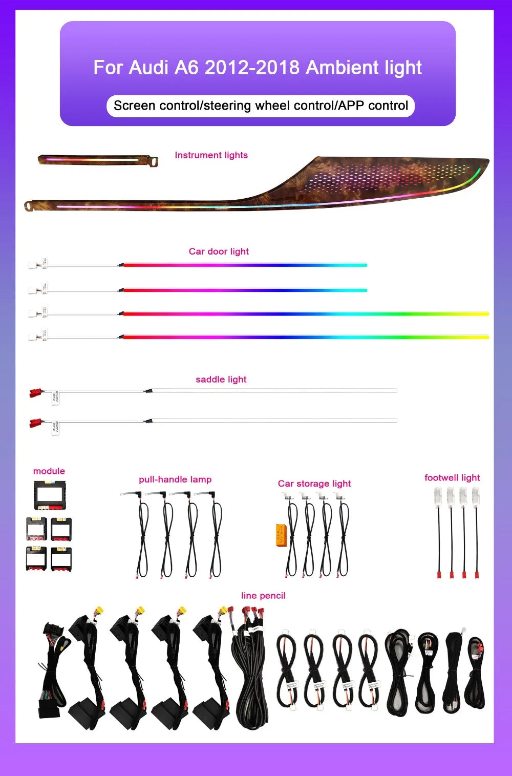 Car Symphony OEM 12V LED Ambient Lighting Kit For Audi A6 C7 S6 RS6 2012-2018 64-Color LED Decorative Accessories