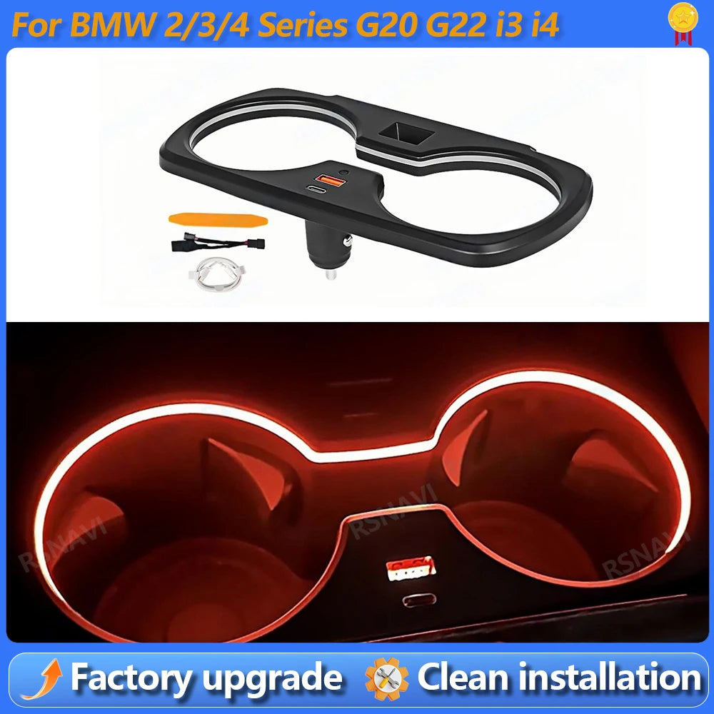2/3/4 Series Cup Holder Lamp Ambient Light with Ultra-fast Charging For BMW G20 i3 i4 G22 Car Cup Frame 11 Colours LED