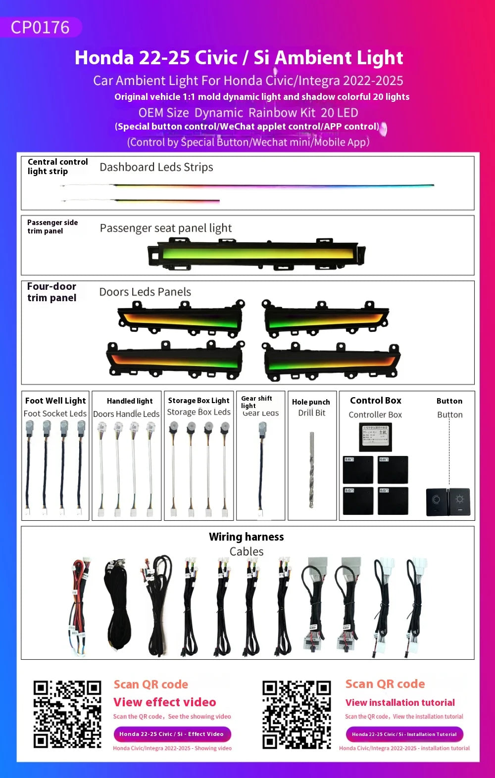 LED Car Inner Ambient light for Honda Civic 11TH 2022-2025 OEM Design Dynamic Ambient Lamp Original Car 1:1 Mold Kit APP Control