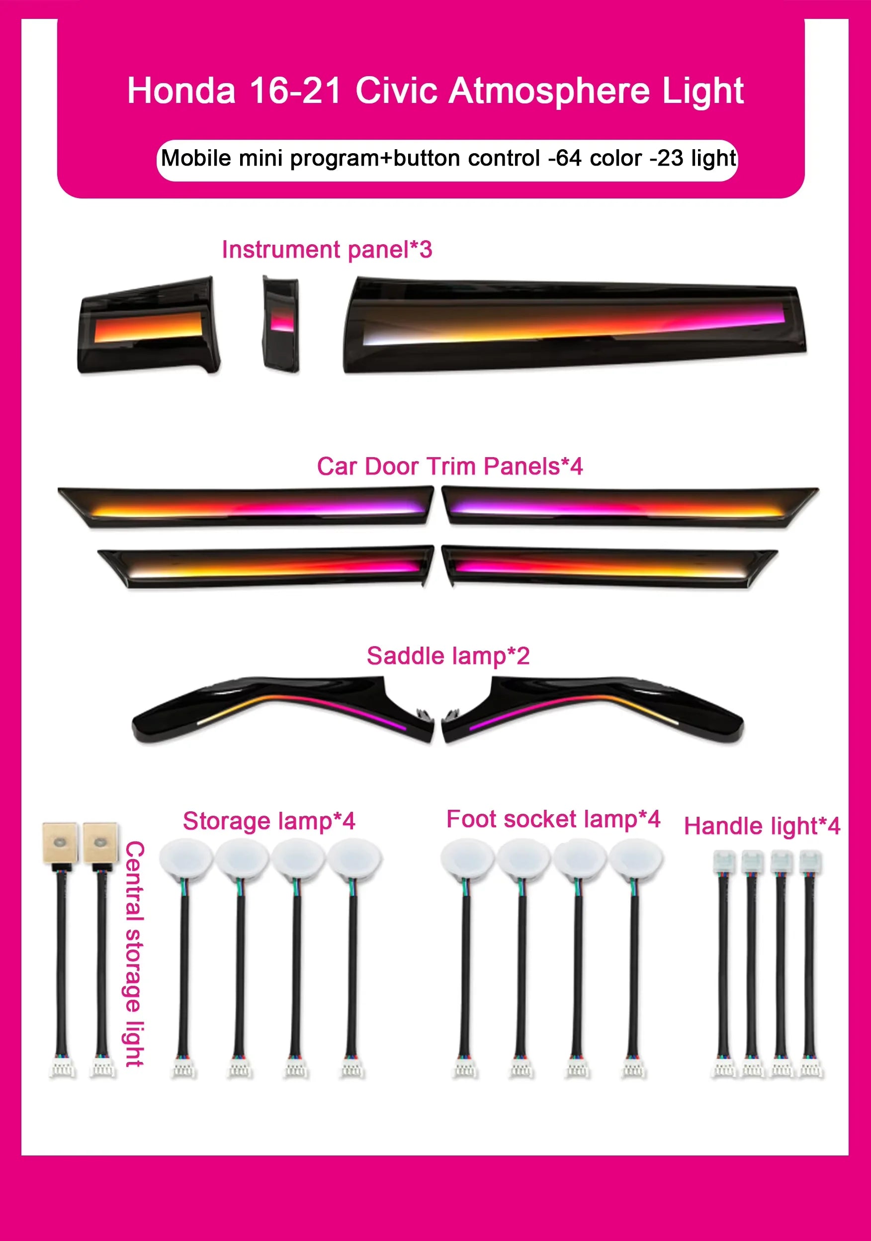 Auto Interior Lighting for Honda LHD/RHD Civic 10th Gen 2016-2021 Models 64-color Dynamic Symphony Ambient Lighting Kit