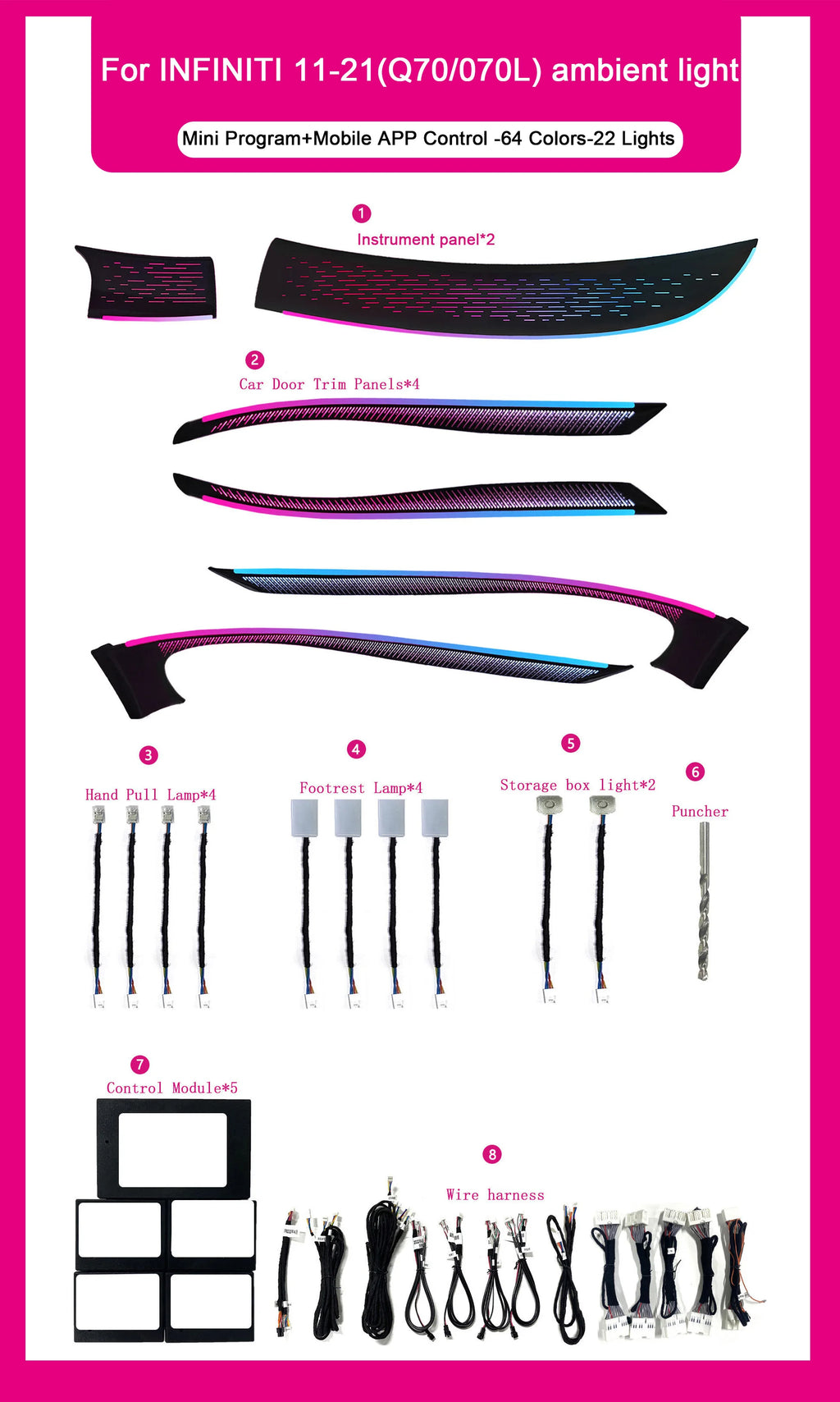 Interior Decoration Ambient Lights for Infiniti 2011-2021 Q70/Q70L Atmosphere Light Accessories Modification Supplies