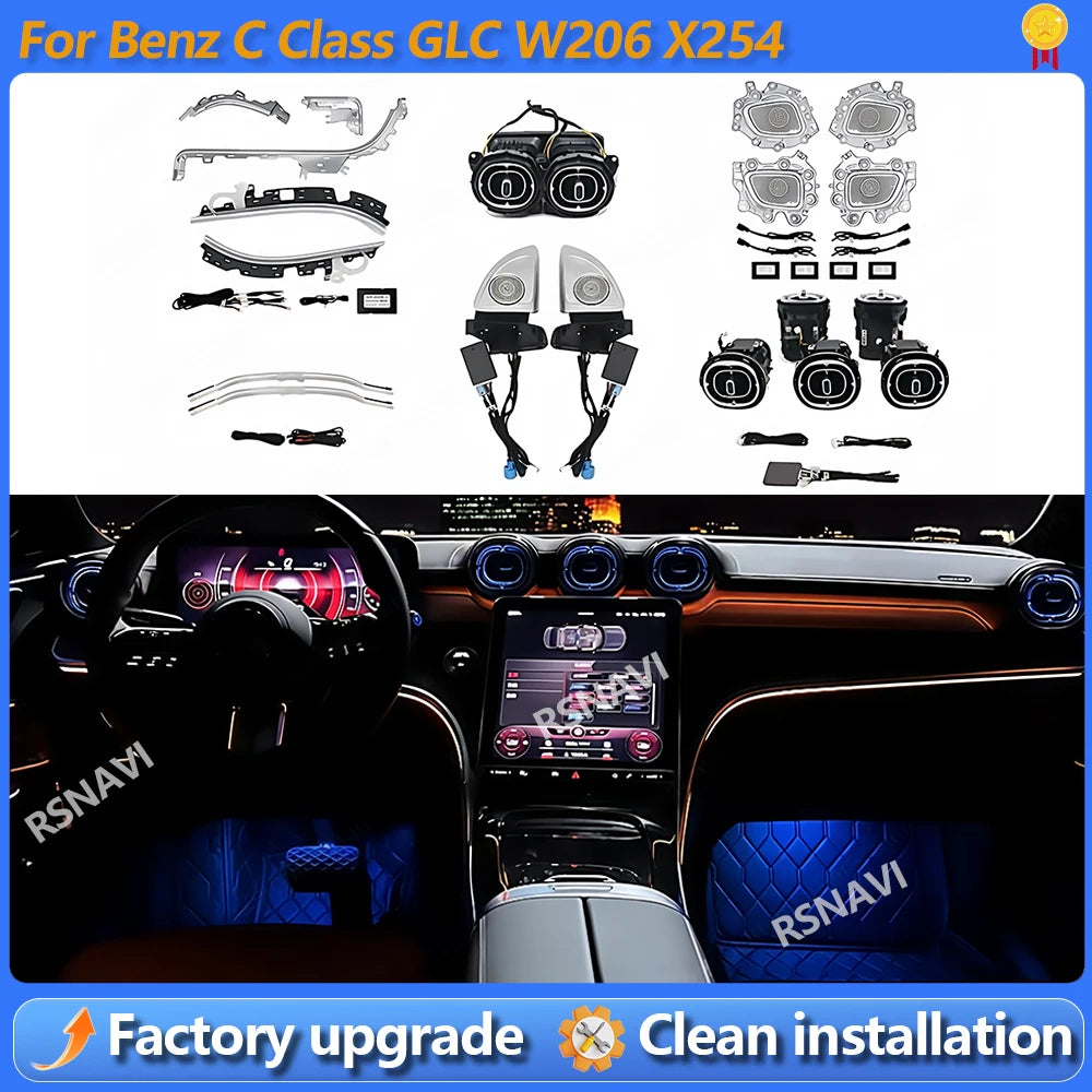 For Benz C-Class W206 2022 Car 64 Colors Led Dashboard Door Atmosphere Lamp Air Vent Outlet Nozzle Tweeter Ambient Light