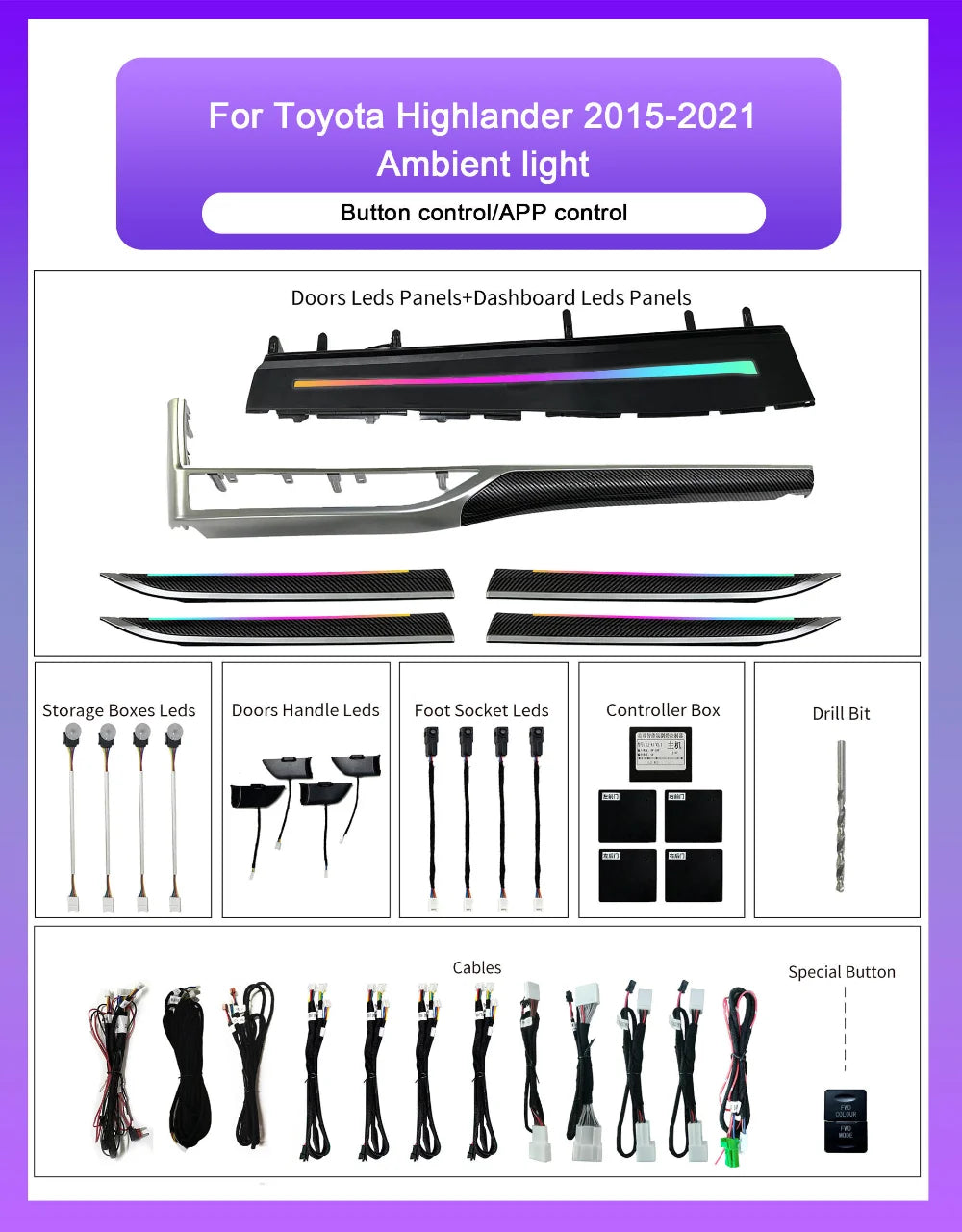 Upgrade 64-color Car Interior Ambient Lighting Kit for Toyota Highlander 2015-2021 Symphony Auto LED Lignts Trim Accessories