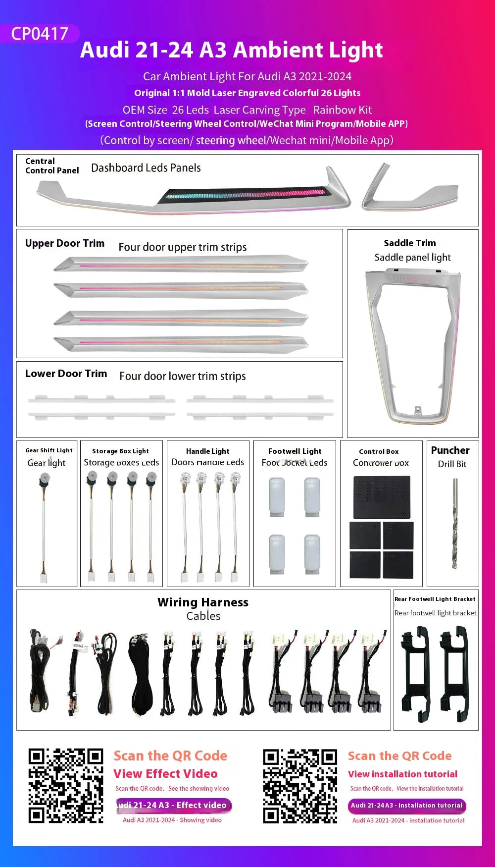 Screen APP Control LED Atmosphere Lamp Decorative Centre Console Strip Ambient Light For Audi A3 2021-2024 Saddle Panel Lamp