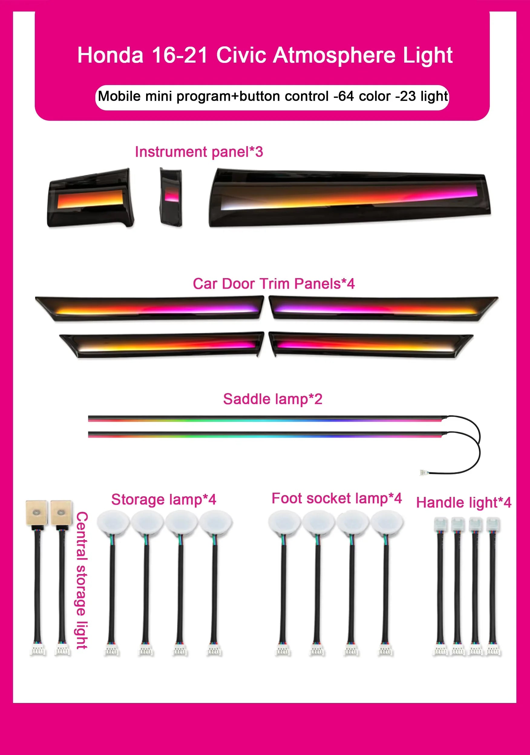 Auto Interior Lighting for Honda LHD/RHD Civic 10th Gen 2016-2021 Models 64-color Dynamic Symphony Ambient Lighting Kit