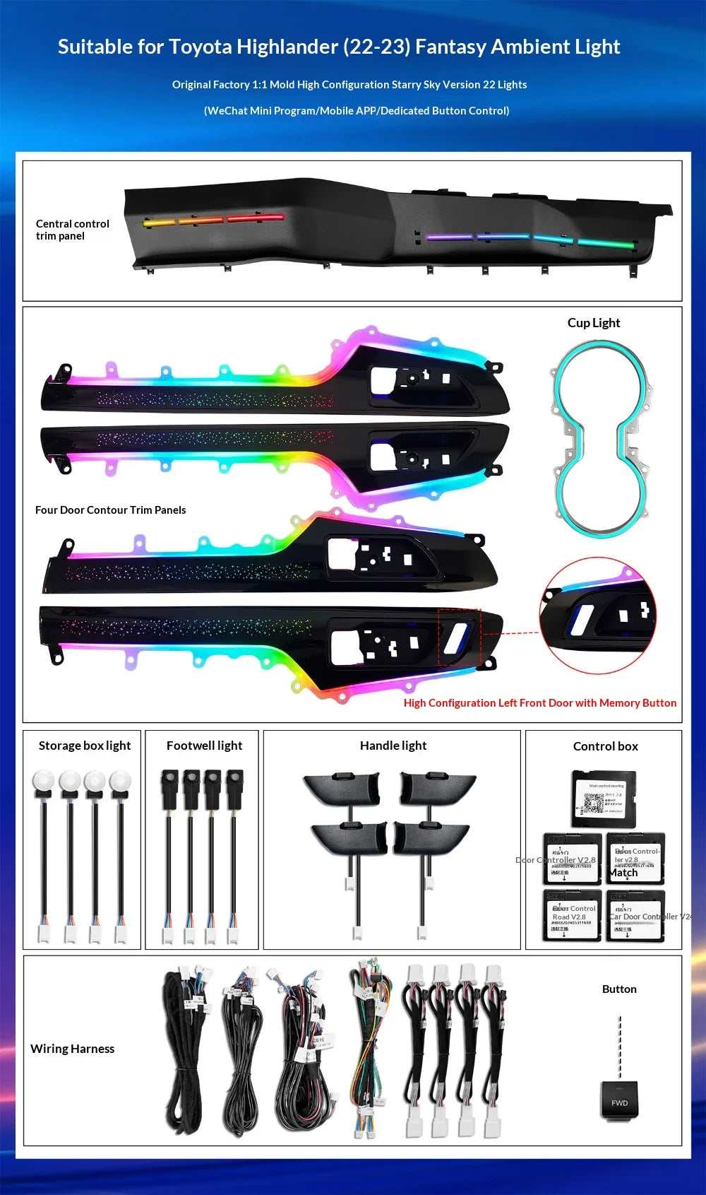 Starry Sky Style Car Ambient Light for Toyota Highlander/Kluger XU70 2022-2024 Auto Car Led Lights for Interior Upgrade