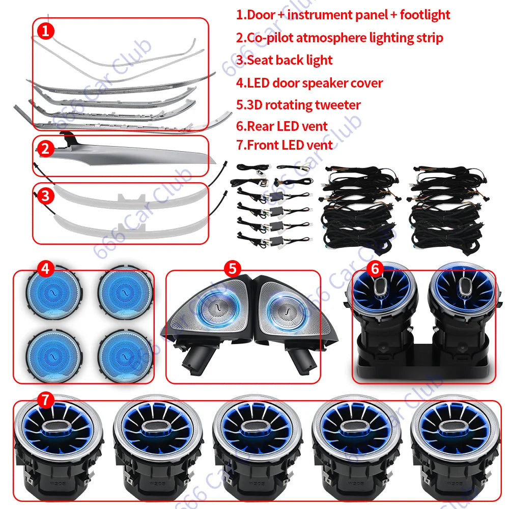 3/12/64 Colour Car LED Ambient Light For Mercedes-Benz C GLC Class Coupe W205 C43 C63 X253 LED Air Vent Speaker Decorative Lamp