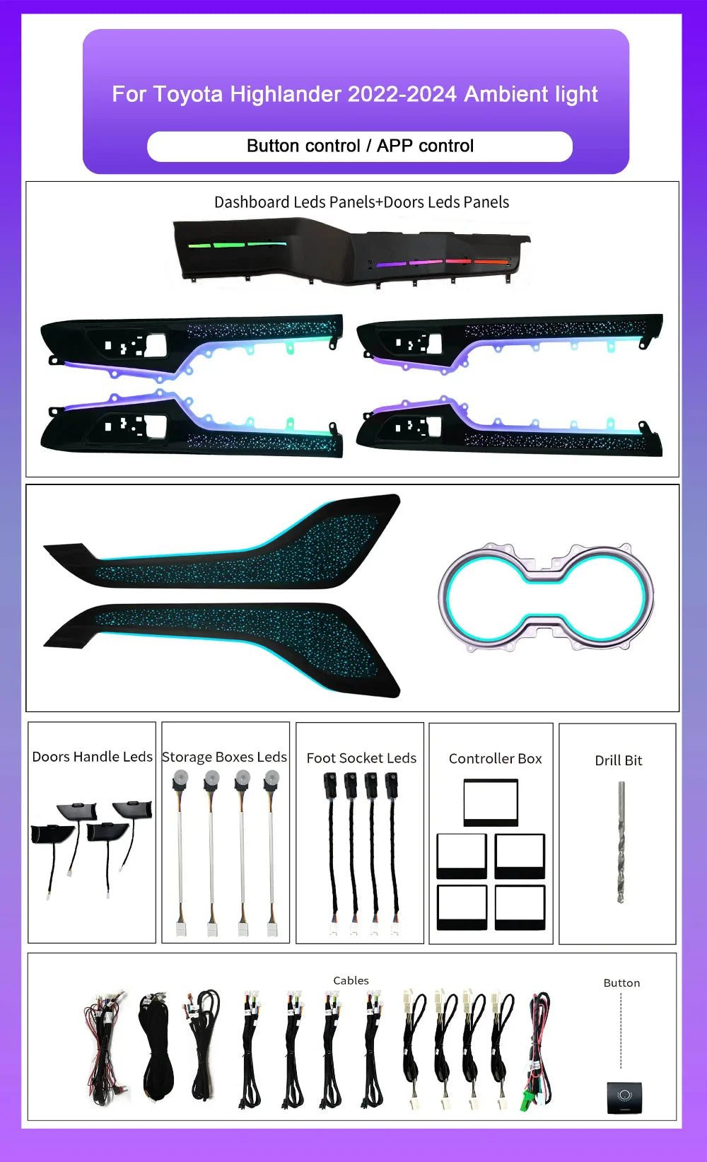Starry Sky Style Car Ambient Light for Toyota Highlander/Kluger XU70 2022-2024 Auto Car Led Lights for Interior Upgrade