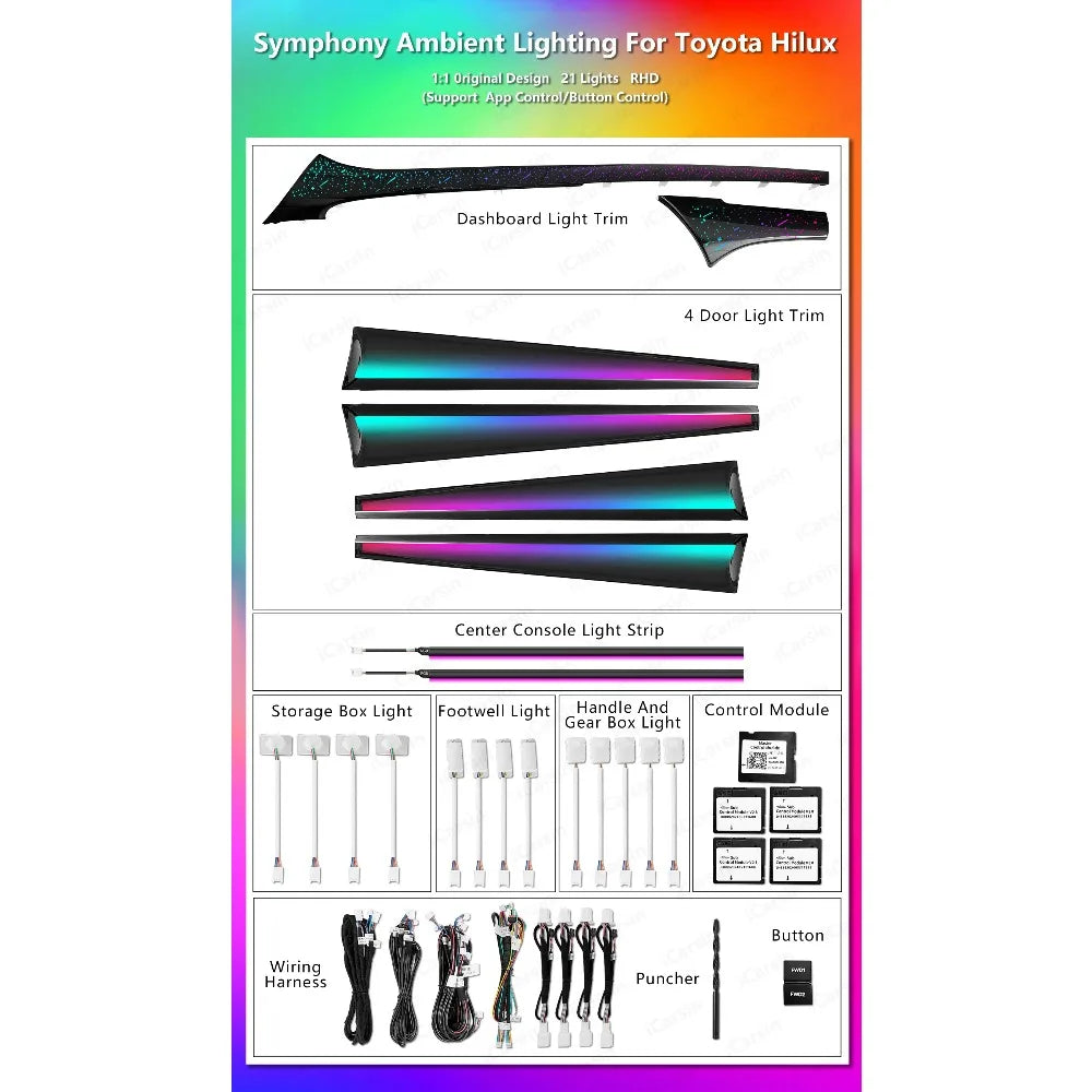 Automotive Inter LED Ambient Light for Toyota Hilux Revo 2015-2024 64 color dynamic Atmosphere door Panel Lights  APP control