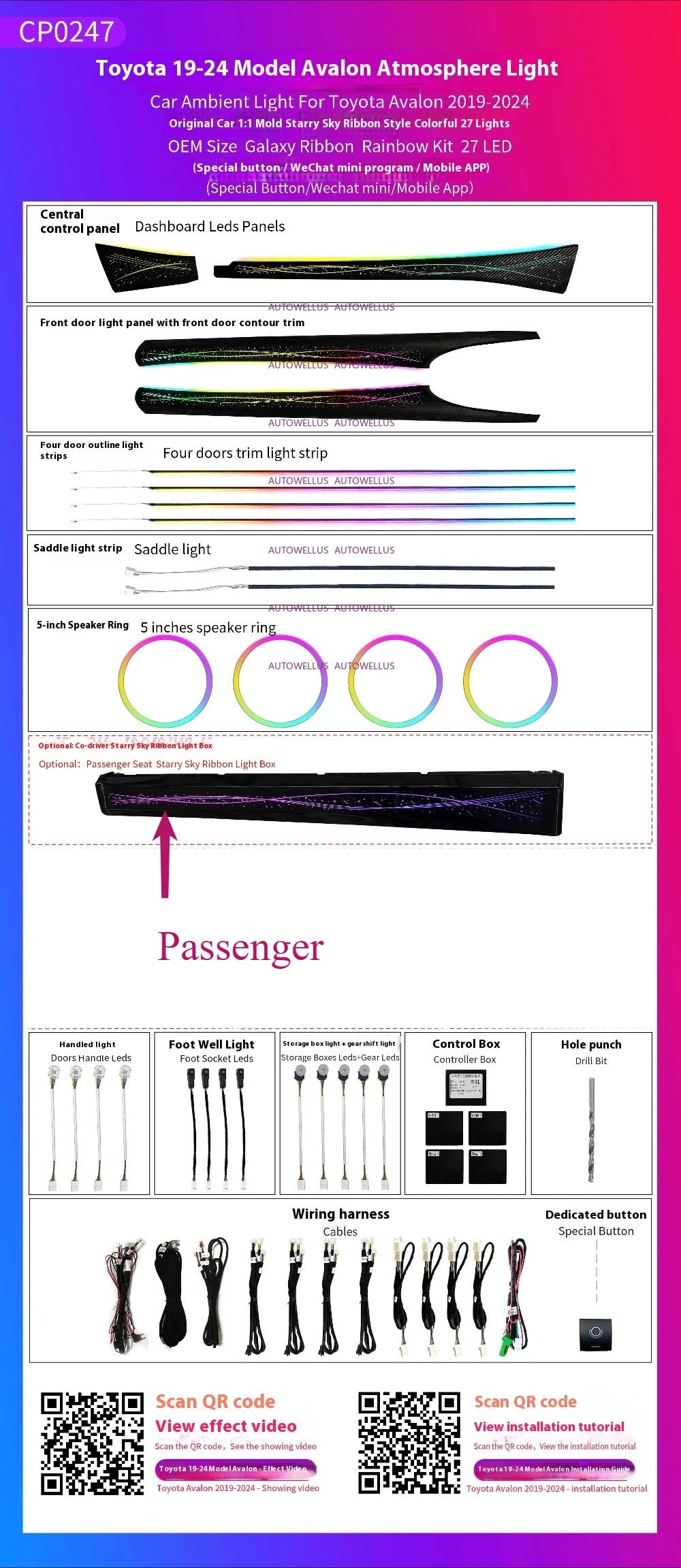 LED Car Ambient light For Toyota Avalon 2019-2025 Star Rain Rainbow Kit Dynamic Ambient Lamp Original 1:1 Mold Kit APP Control