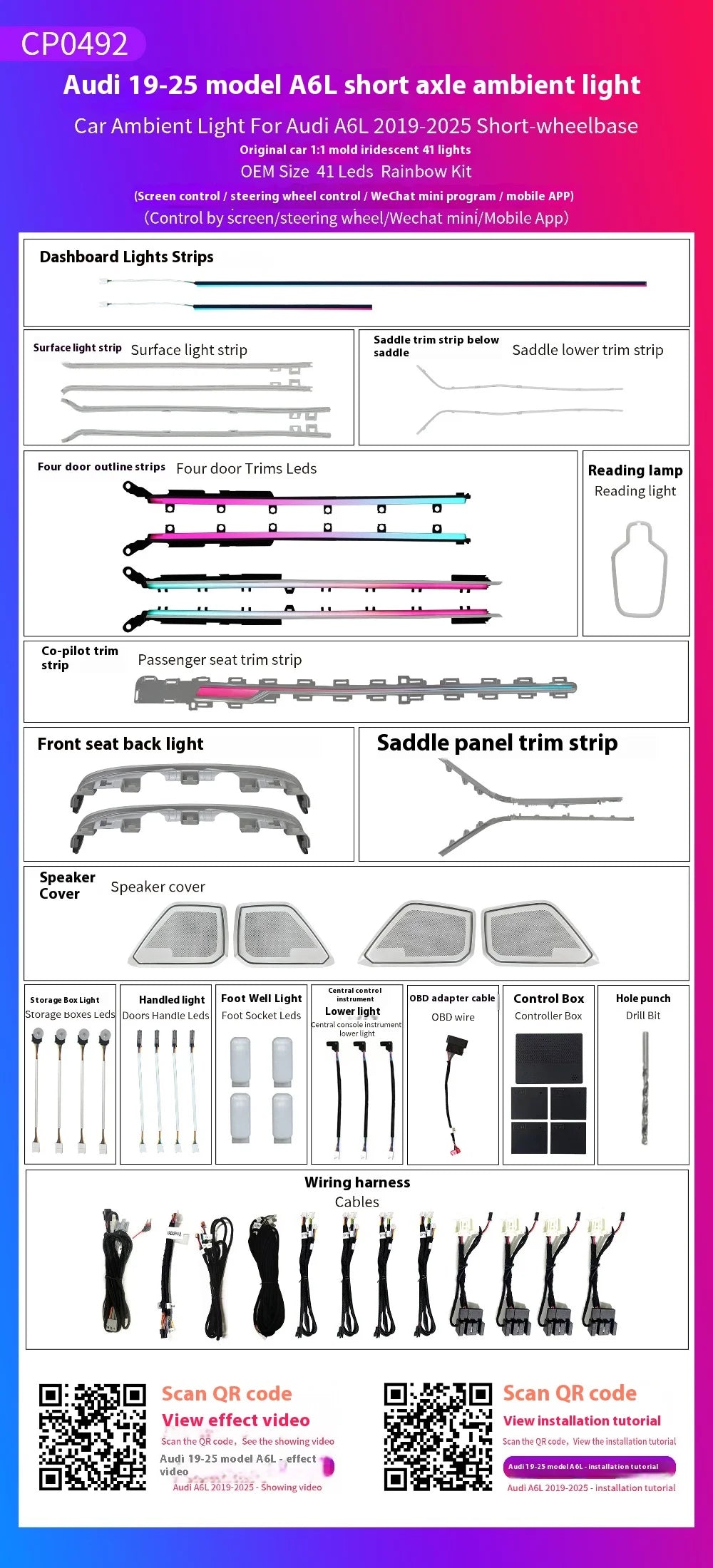LED Ambient Light for Audi A6 A7 C8 2019-2025 Short-wheelbase 64 color dynamic Atmosphere door Lights Screen/Steering wheel