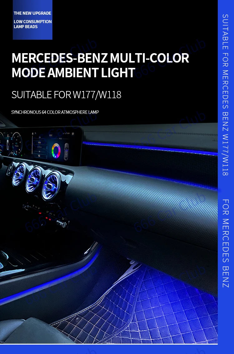 64 Colors For Mercedes-Benz A-Class RHD W177 A Class LED Atmosphere Lamp Outlet Advanced Ambient Light Right-Hand Drive