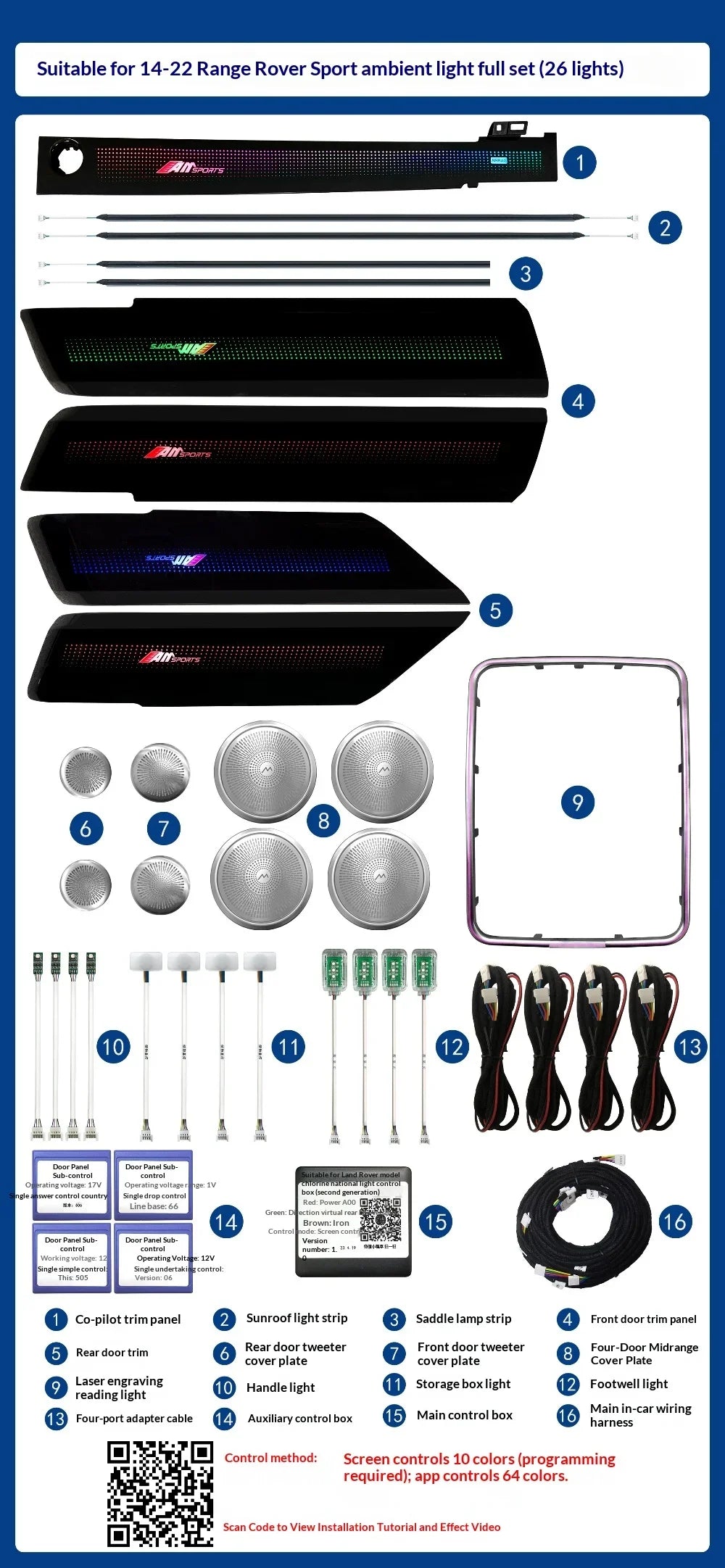 64 Color Car Interior Ambient Lighting for Land Rover Vogue Sport 2014-2017 Auto LED Lights Kit for Decoration Upgrade
