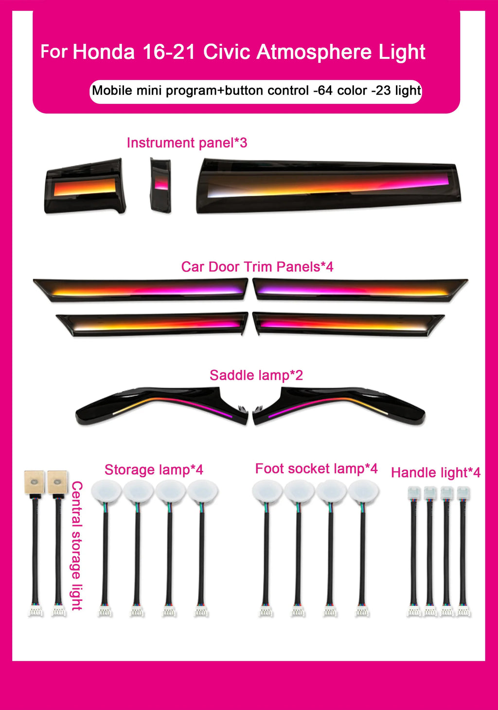 Auto Interior Lighting for Honda LHD/RHD Civic 10th Gen 2016-2021 Models 64-color Dynamic Symphony Ambient Lighting Kit