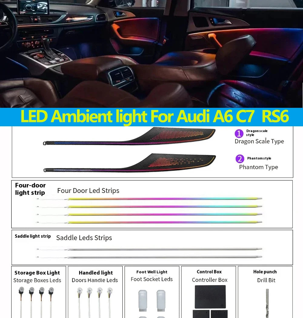 Automotive Inter LED Ambient Light  For Audi A6 C7 RS6 2012-2018  64 color dynamic Atmosphere door Panel Lights  APP control