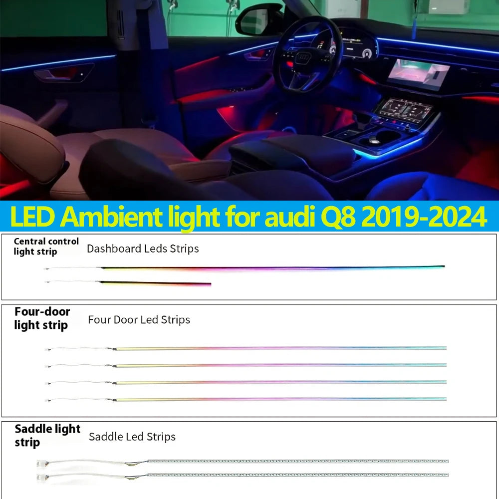 30 Colors LED Ambient light for audi Q8 2019-2024 Interior Atmosphere Light Original Scrren APP control 20 Lights