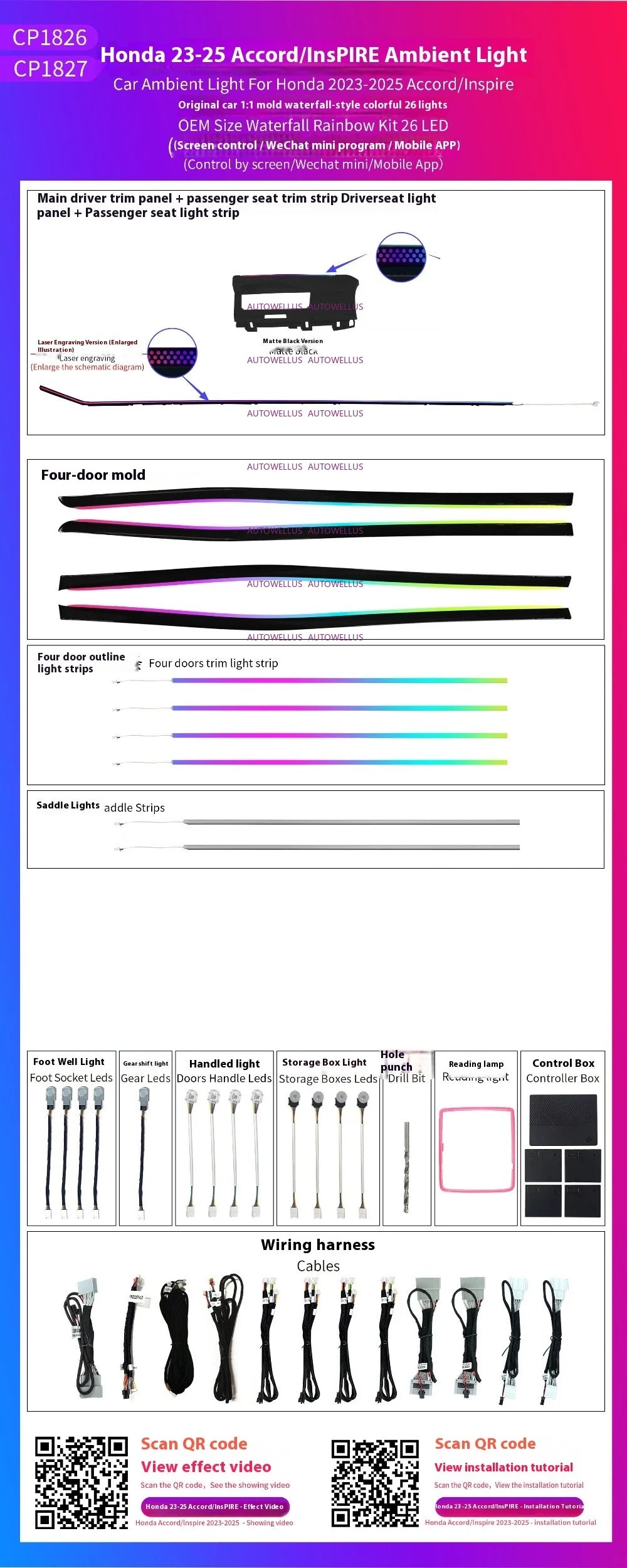 Automotive Inter LED Ambient Light for Honda Accord 11th Gen 2023-2025 64 color dynamic Atmosphere door Panel Light APP control