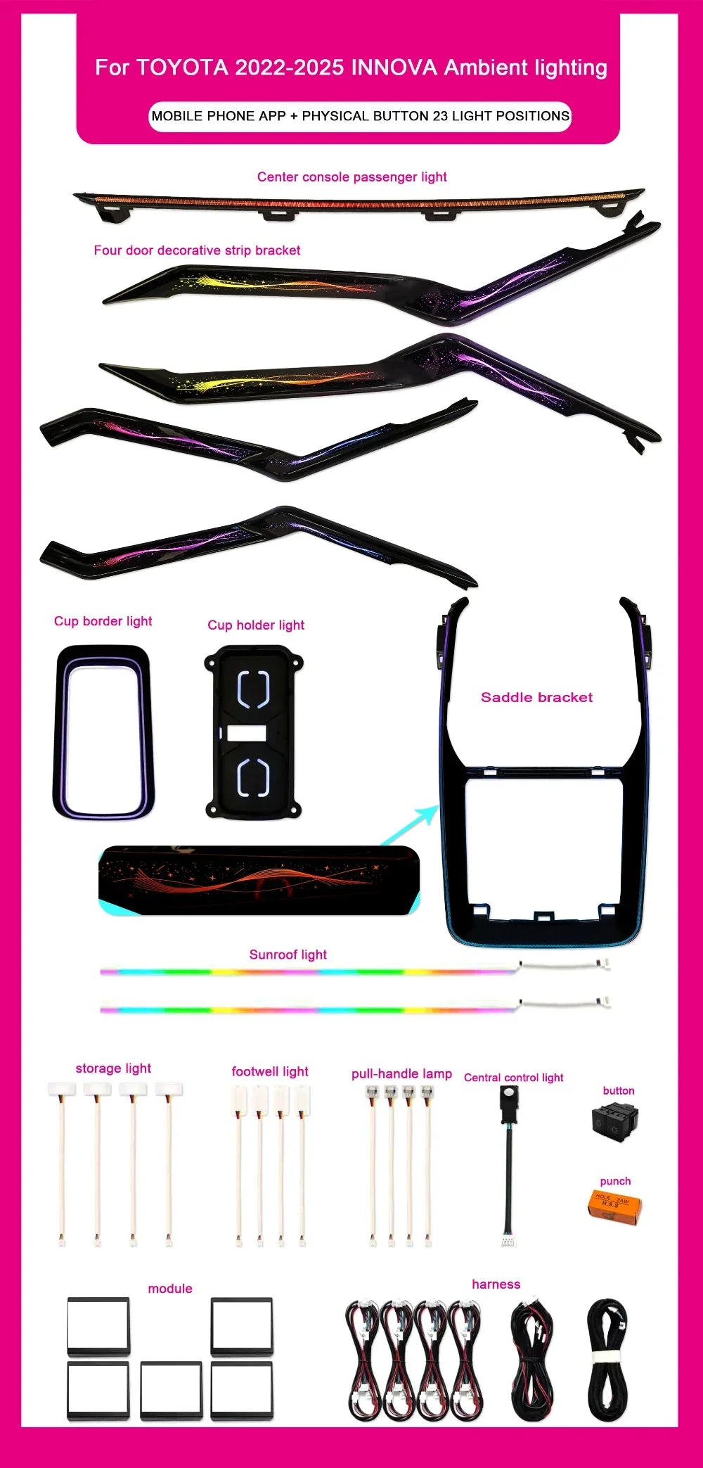 64 Color Dynamic RHD Ambient Light for Toyota Innova Hycross 2022-2025 OEM Car Interior Saddle Light Accessories Decoration