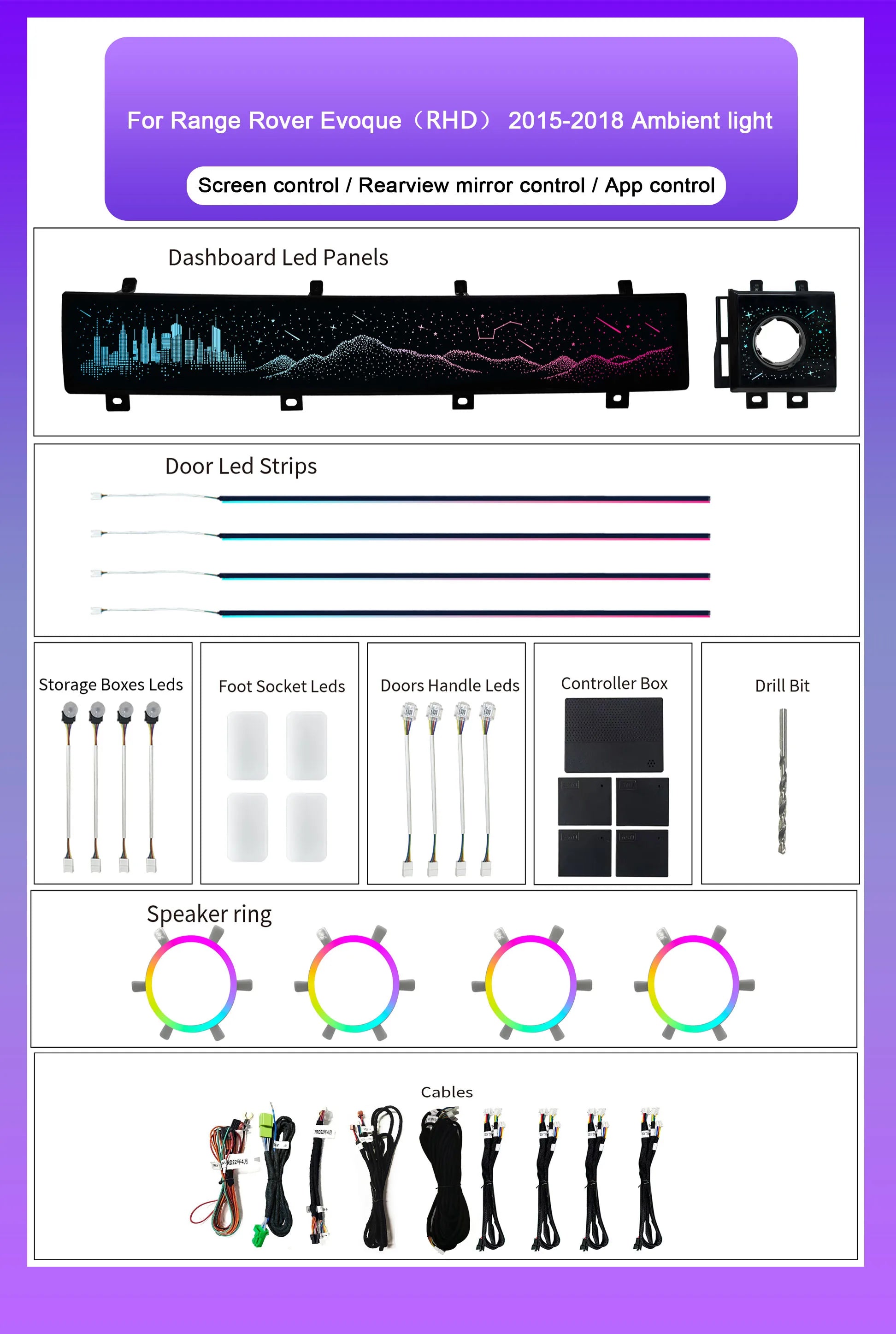 Car Interiors Ambient Lighting LHD/RHD For Land Rover Range Rover Evoque 2015-2018 64-Color LED Decorative Accessories