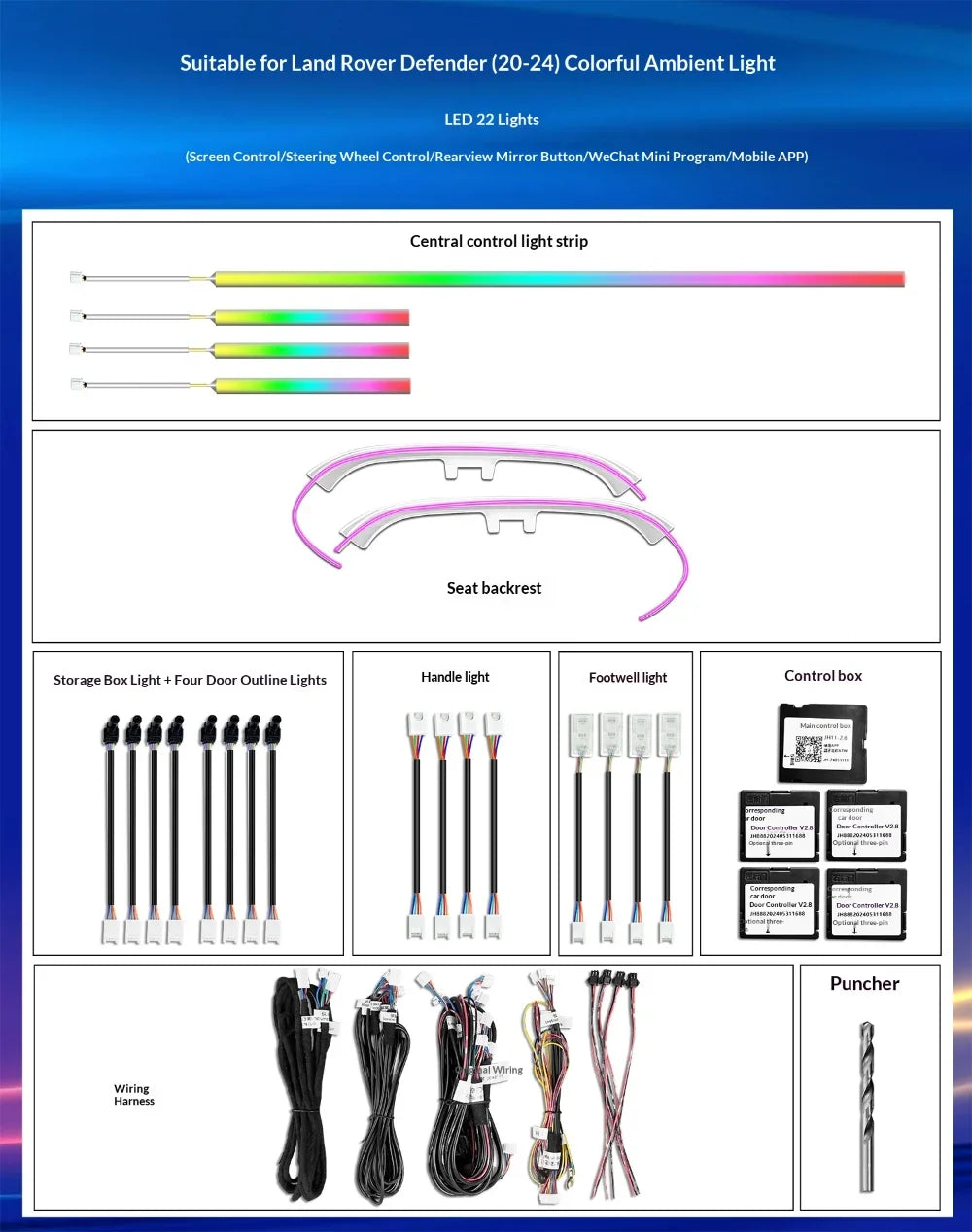Car Ambient Light for Land Rover Defender 2020-2025 Models 64-color Dynamic Symphony Ambient Lighting Decorative Accessories