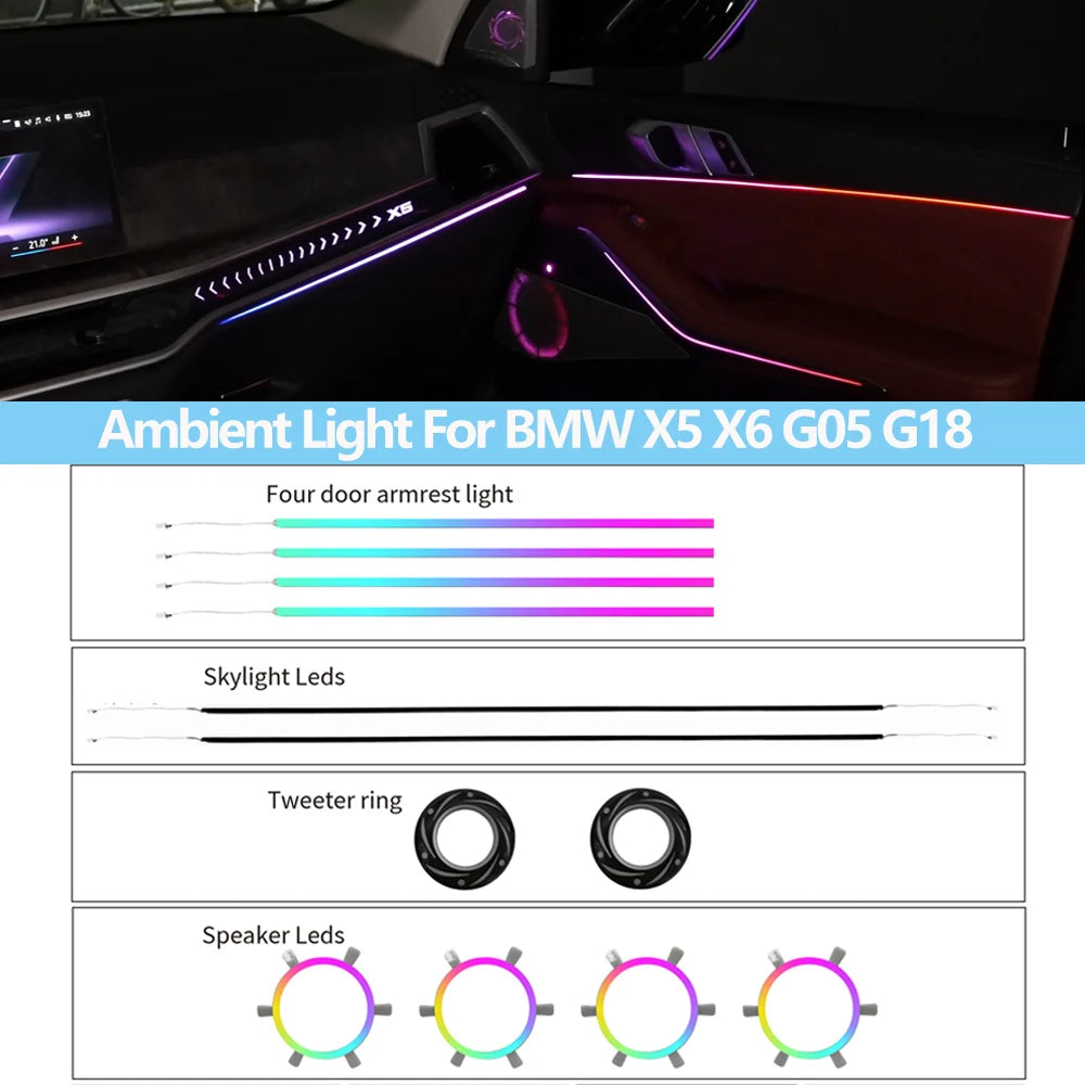 Car Interior Lighting Upgrade LED Ambient Light For BMW X5 X6 G05 G18 Dashboard Strips Four doors light  Storage Boxes Leds