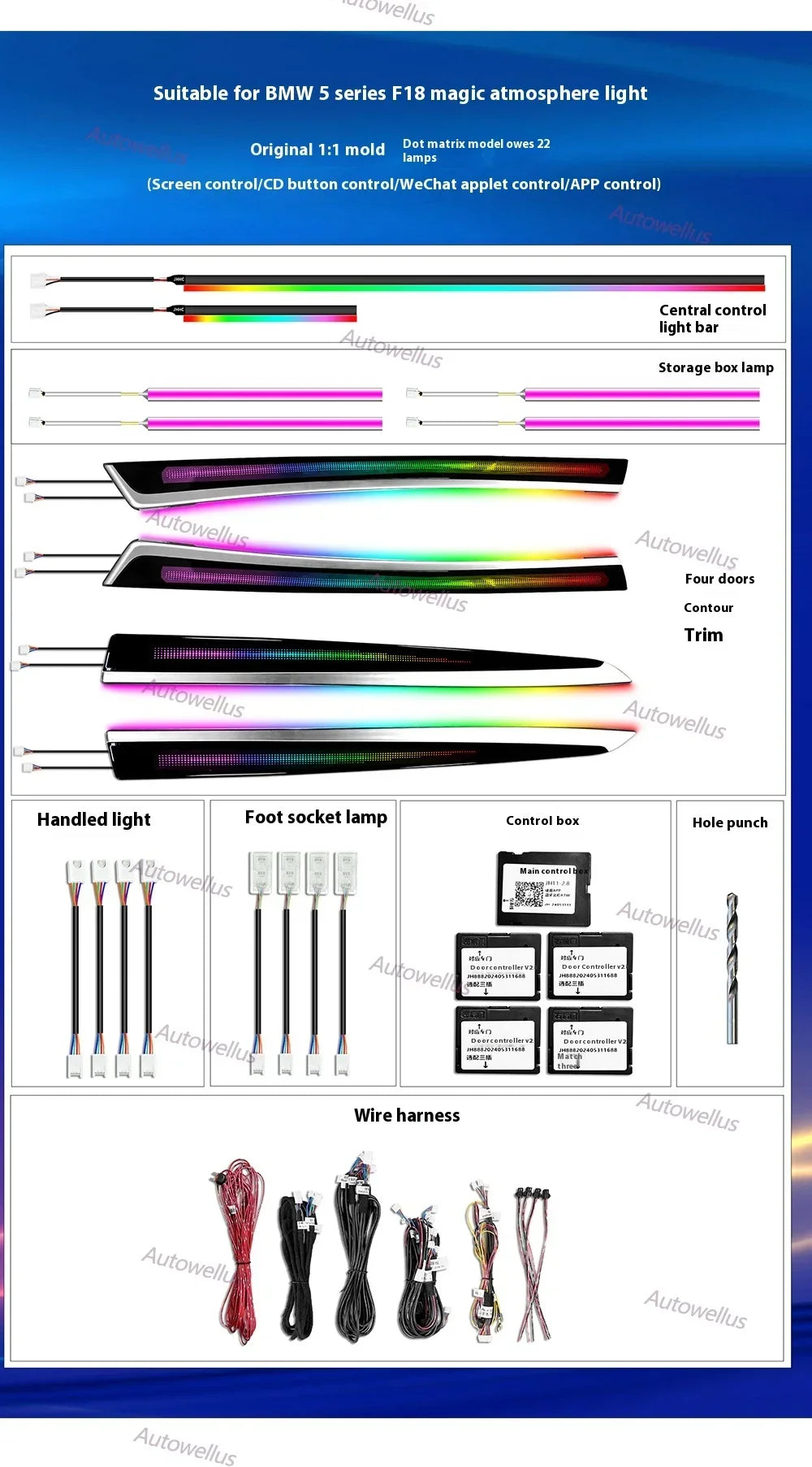 Auto Accessaries64-Color Dynamic Car Interior Ambient Light Kit For BMW F10 - Door Panel & Environment Lighting System With Turb