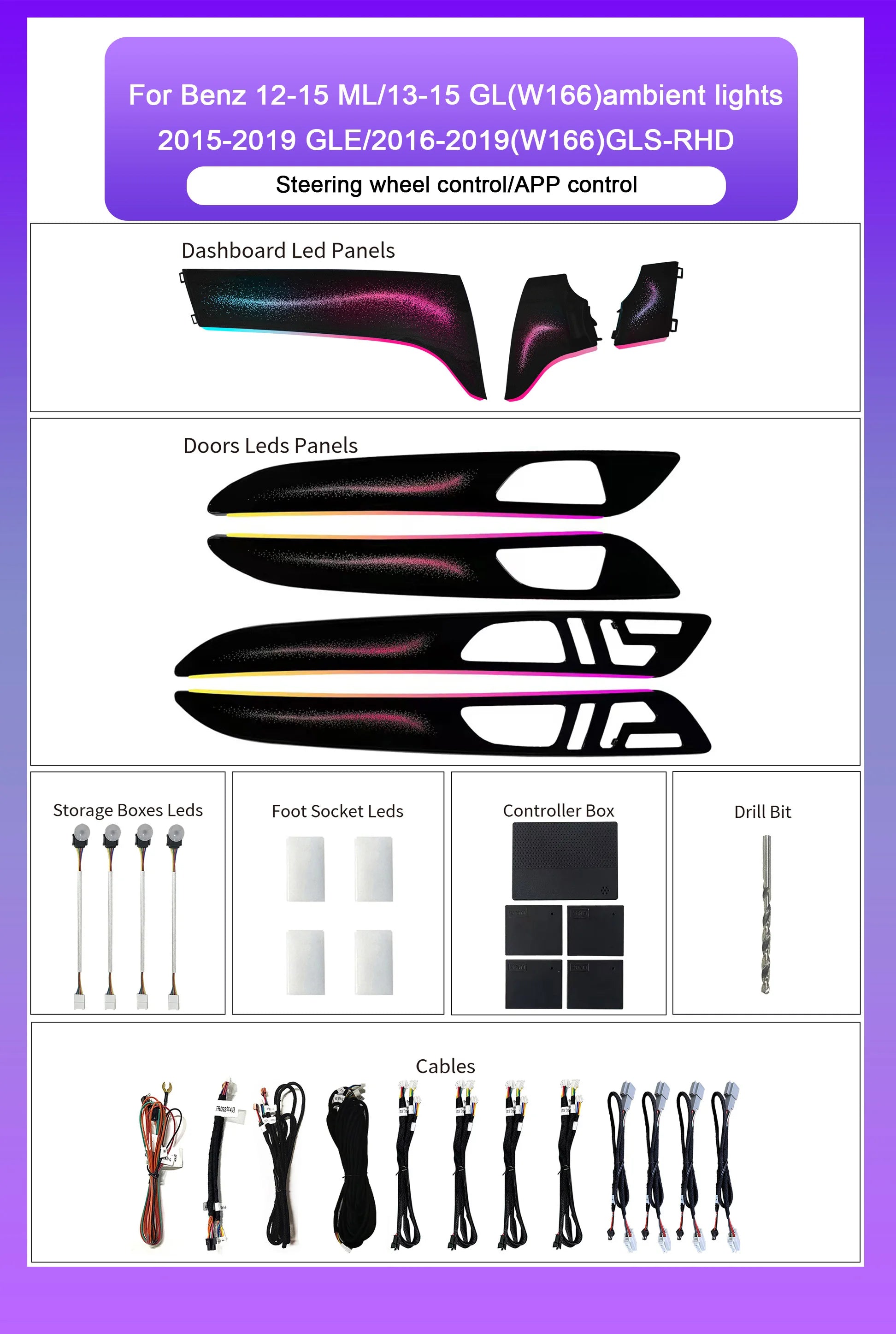 RHD Car Interior LED Lighting For Mercedes-Benz X166 RHD ML/GL/GLE/GLS 2012-2019 Models 64-color Symphony Ambient Lighting Kit