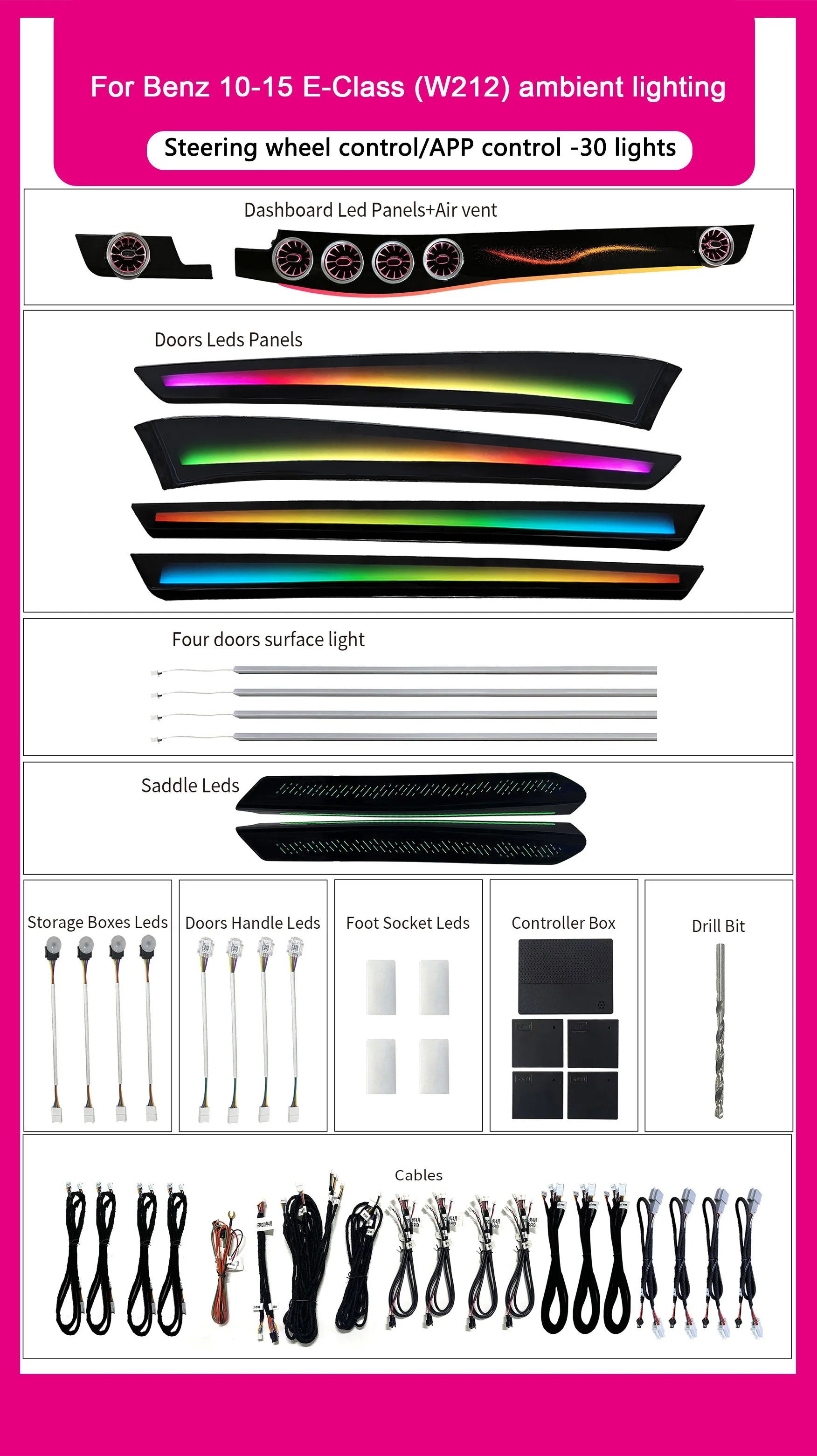 Car W212 64 Colors Ambient Lighting Kit For Mercedes Benz E-Class 2010 - 2015 Interior LED Air Vent Light Accessories