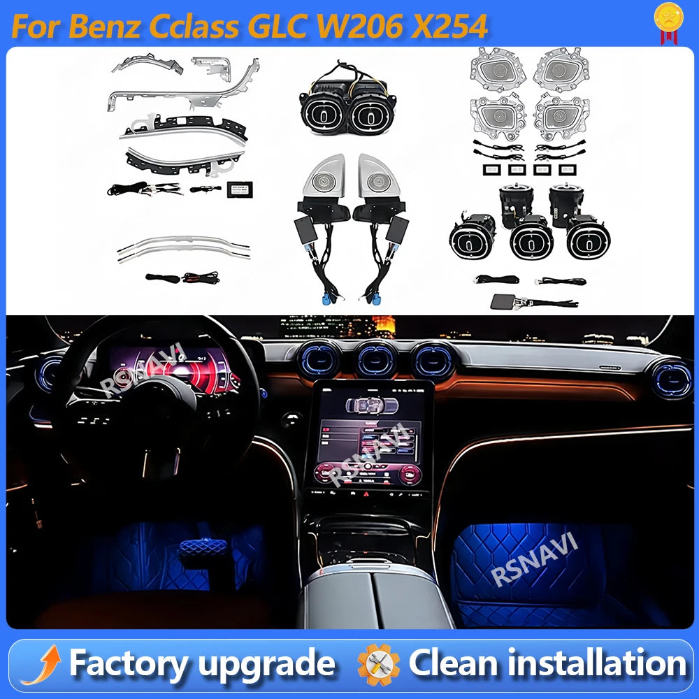 Car 64 Color Ambient light for Mercedes Benz W206 X254 GLC C-class LED Air Vents Door Handles Lamp Interior 4D Rotating Tweeter