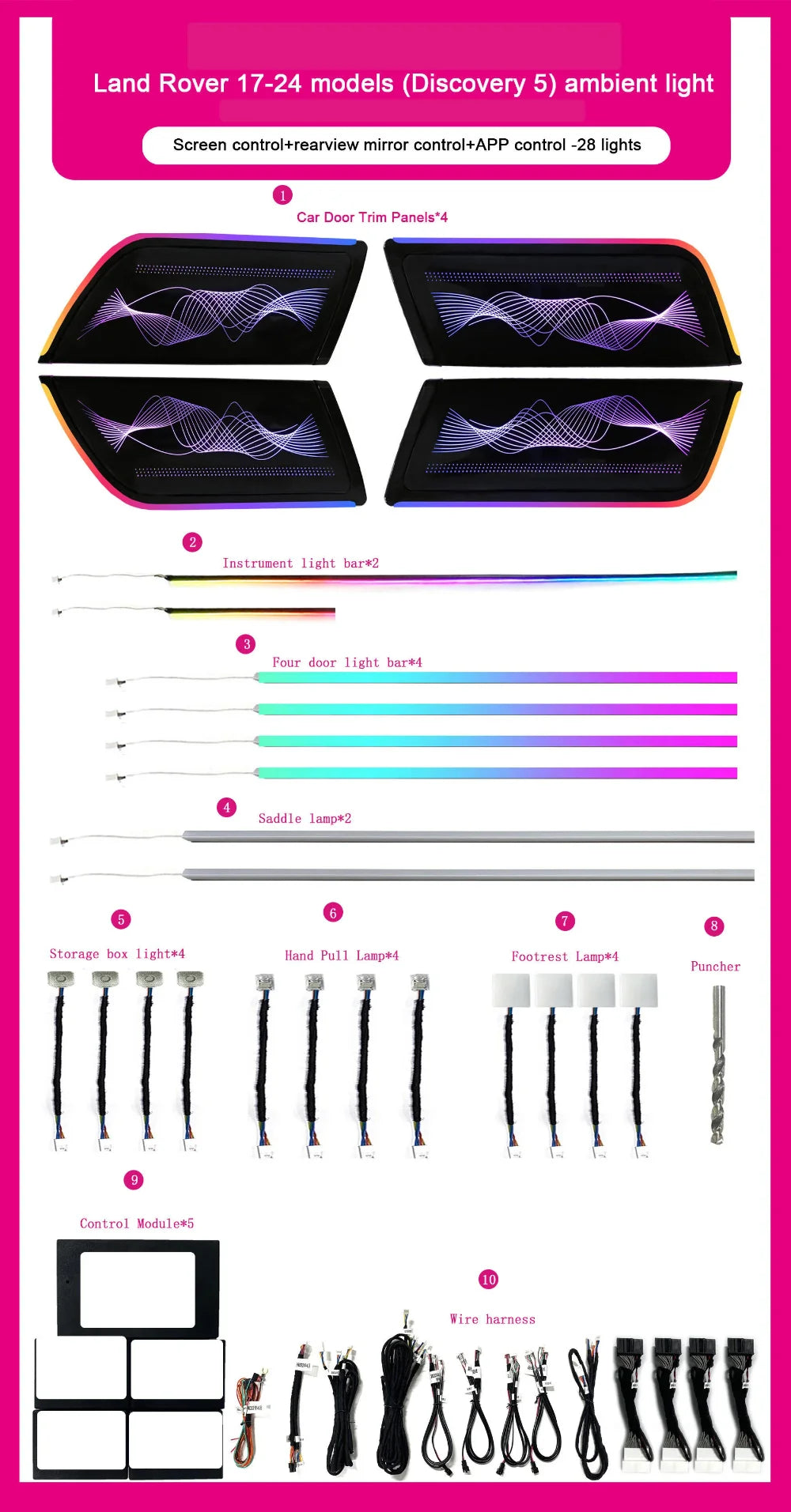 Interior LED Ambient Light for Land Rover Discovery 5 2017-2025 Models with 64-color Ambient Light Modification Accessories