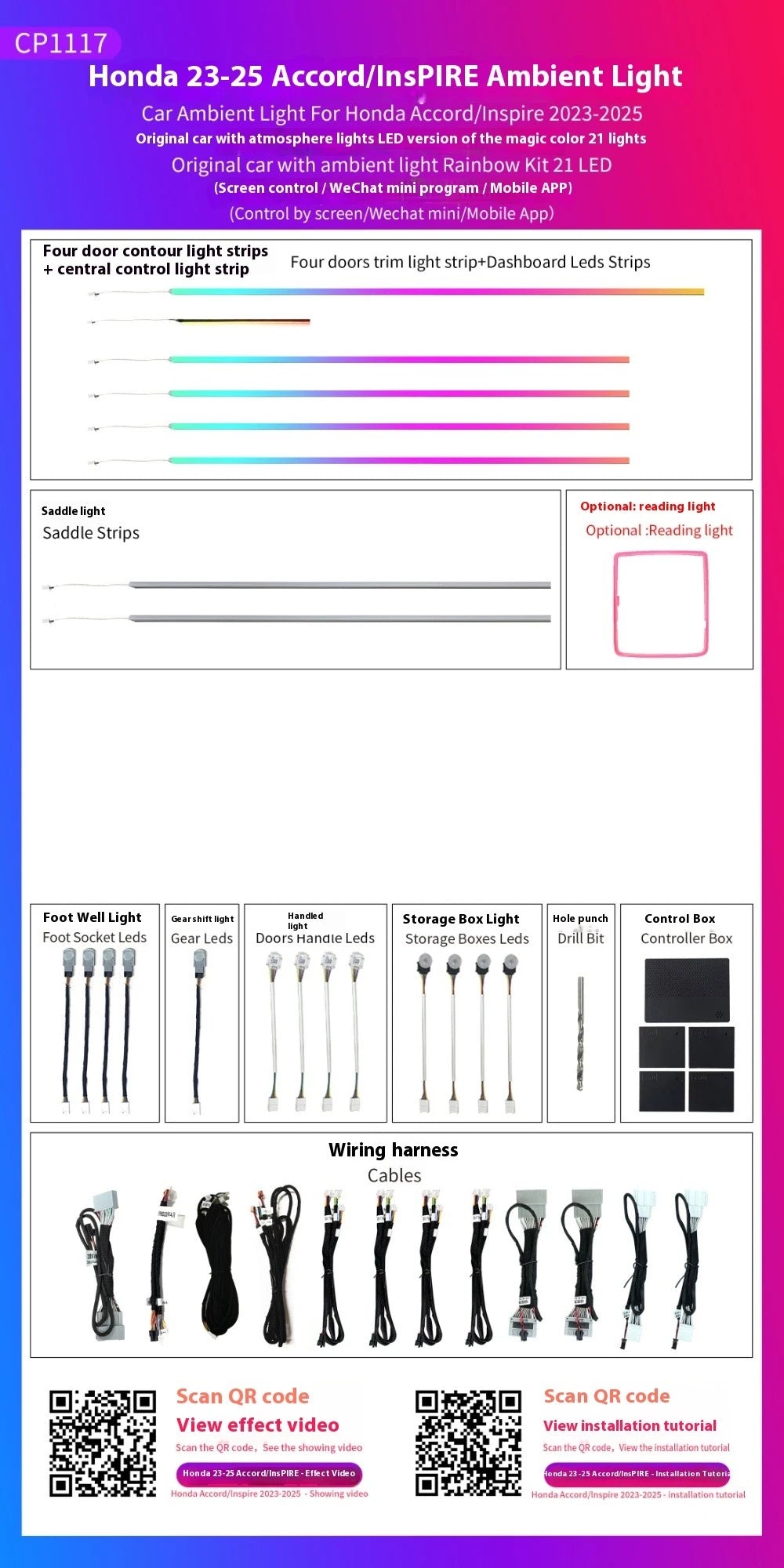 LED Car Inner Ambient light for Honda Accord 11th 2023-2025 Dynamic Ambient Lamp Original Car 1:1 Mold Kit APP Control