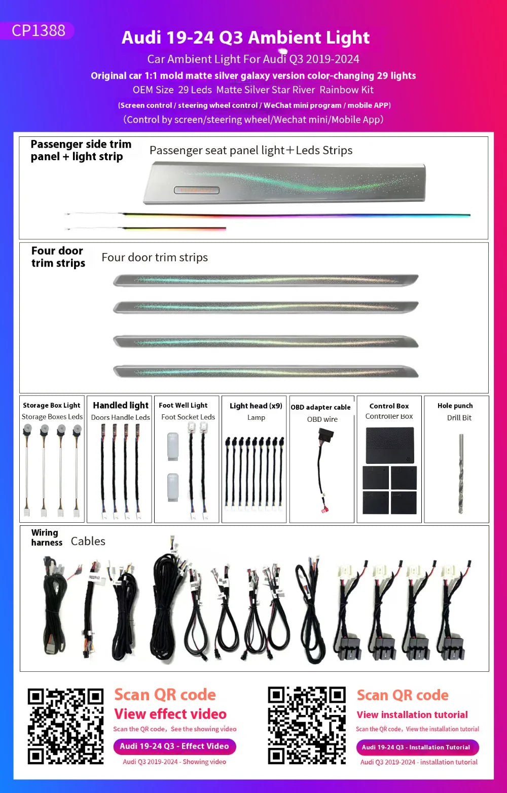 Automotive Inter LED Ambient Light For Audi Q3 2019-2024 OEM 29 Leds Matte Silver Star River Rainbow Kit Screen  APP control