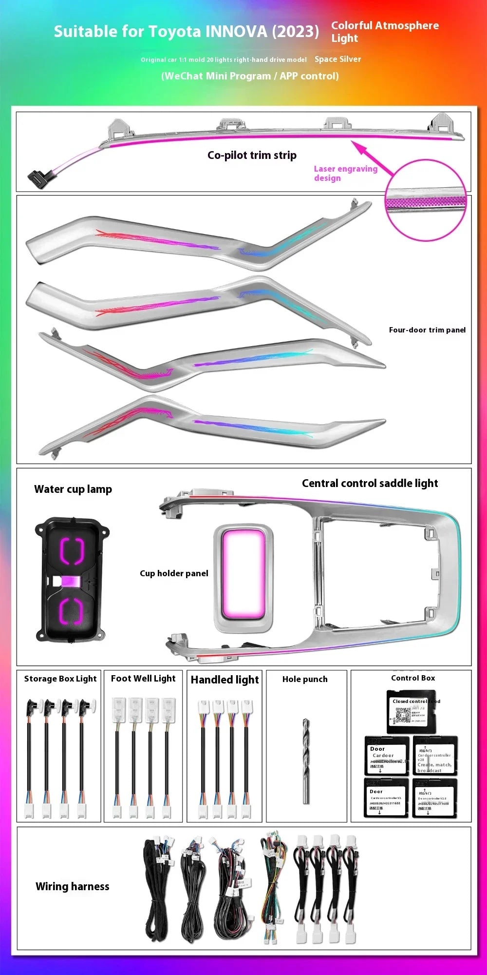 64 Colors Dynamic Ambient Light for Toyota Innova Hycross 2023 Car Interior LED Lighting Upgrade Accessories