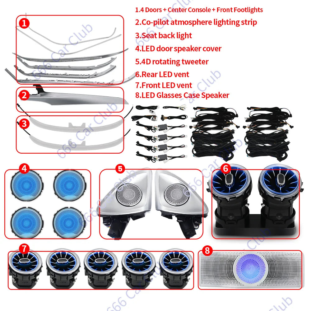 3/12/64 Colour Car LED Ambient Light For Mercedes-Benz C GLC Class Coupe W205 C43 C63 X253 LED Air Vent Speaker Decorative Lamp