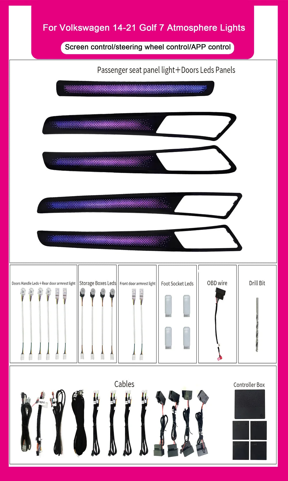 Car LHD/RHD 64-Color Ambient Lighting Kit 2014-2021 For Volkswagen Golf 7 MK7 LED Synchronized Rainbow Interior Lighting