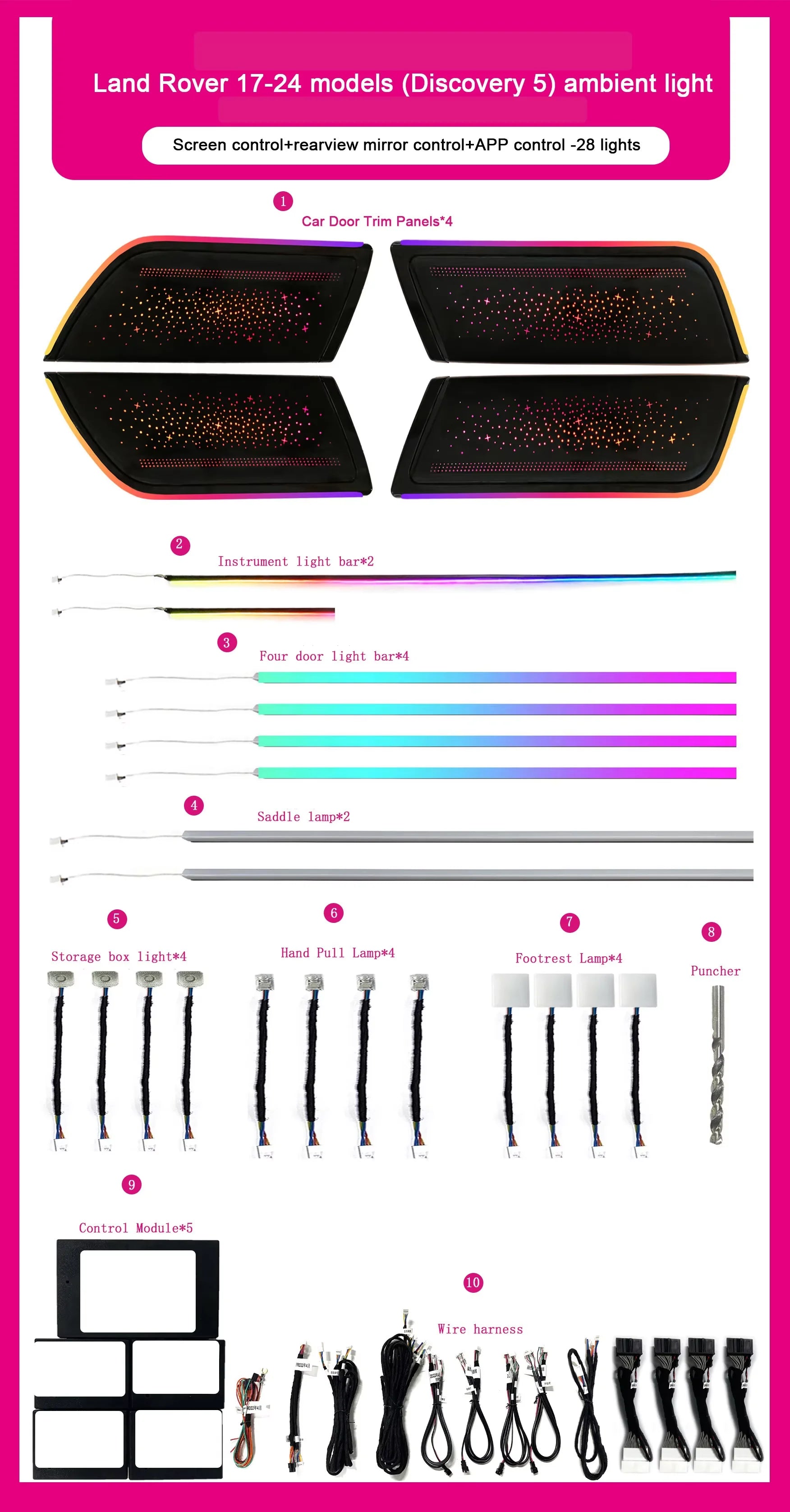 Interior LED Ambient Light for Land Rover Discovery 5 2017-2025 Models with 64-color Ambient Light Modification Accessories