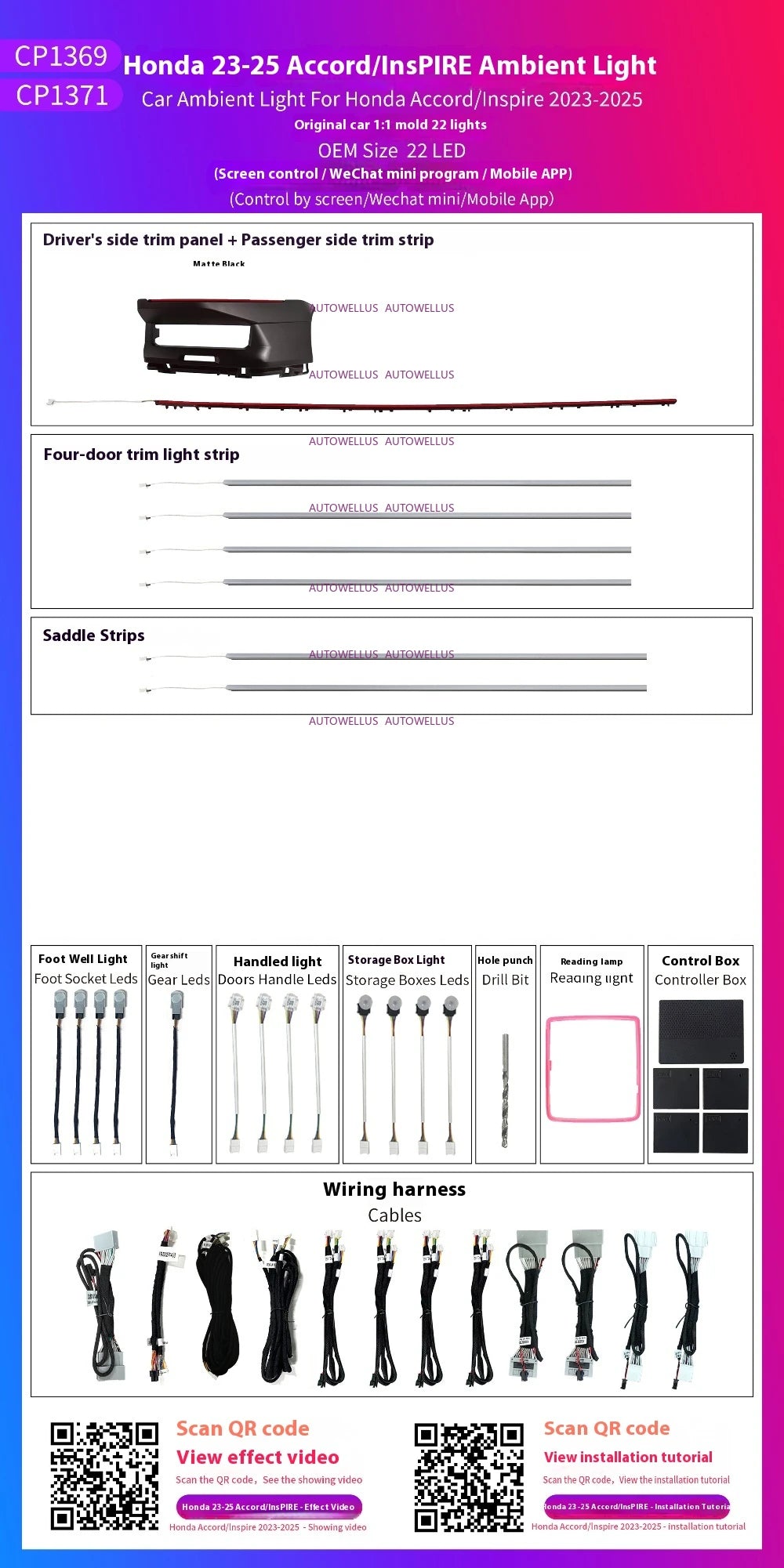 Automotive Inter LED Ambient Light for Honda Accord 11th Gen 2023-2025 64 color dynamic Atmosphere door Panel Light APP control