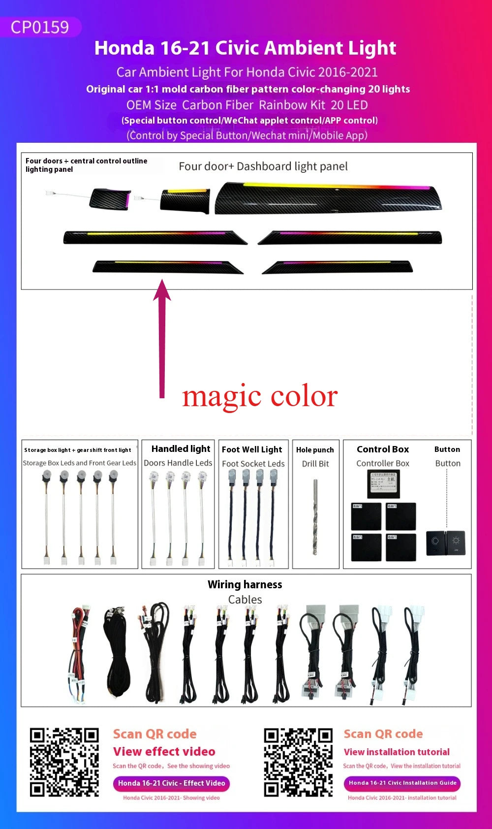 LED Car Inner Ambient light for Honda Civic 2016-2021 OEM Design Dynamic Ambient Lamp Original Car 1:1 Mold Kit APP Control