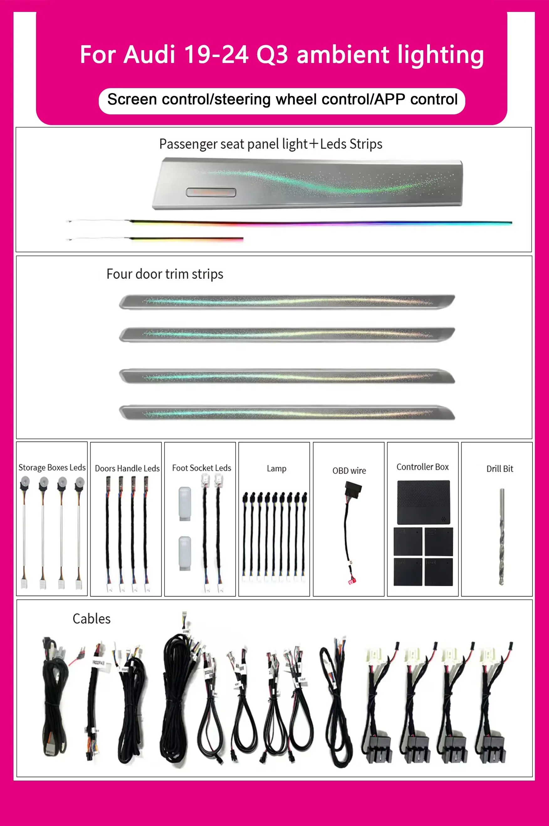 Upgraded Accessories LED Ambient Light 2019-2024 For Audi Q3 Interior Lighting Galaxy Ambient Light 64 Color Decorative Strip